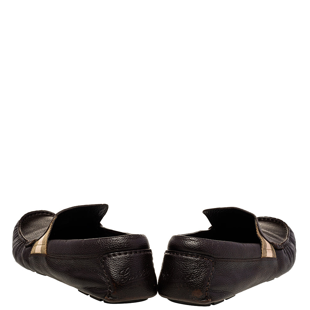 Gucci Brown Leather Web Detail Slip-On Loafers Size 43