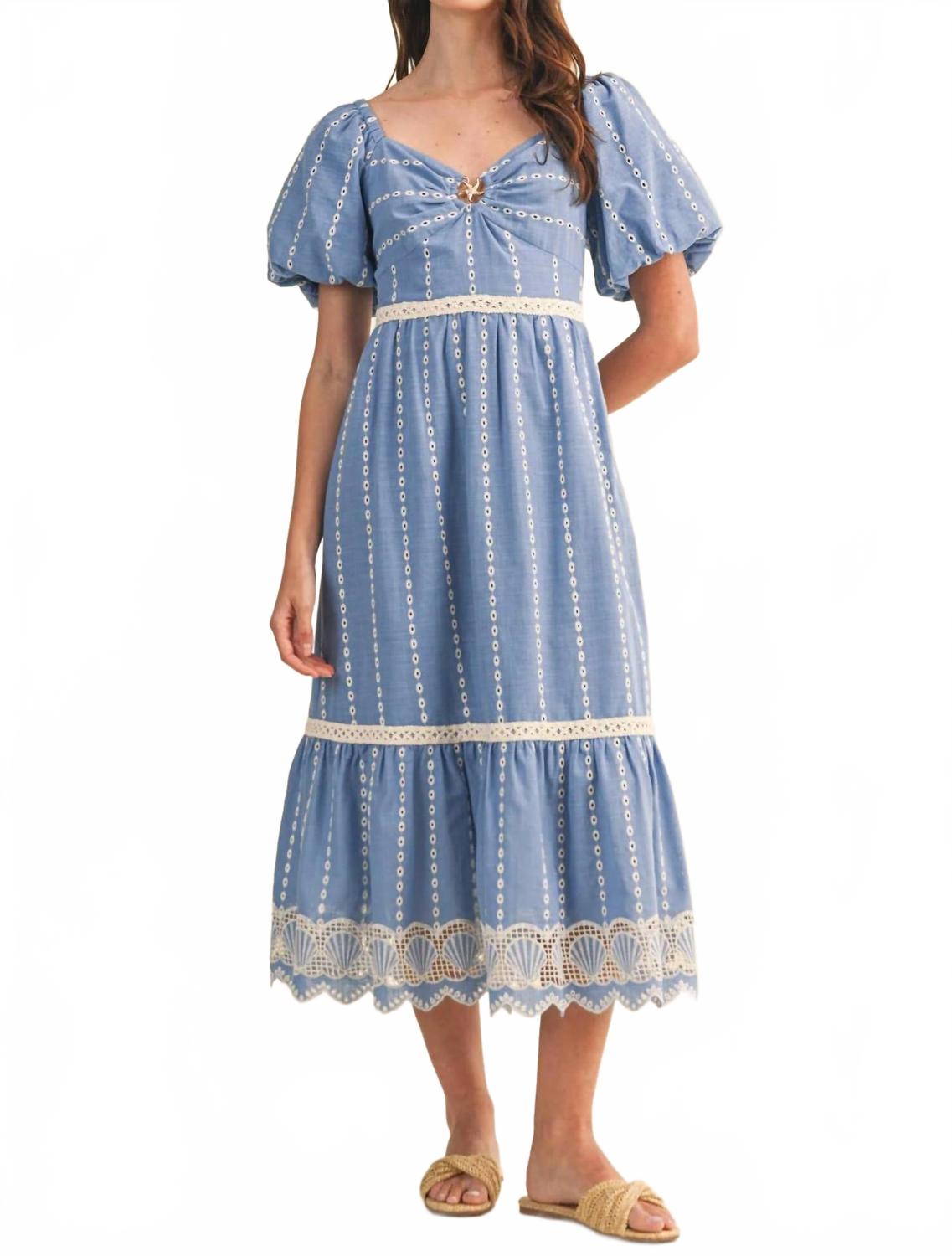 Embroidered Eyelet Seashell Hem Midi Dress In Ocean Blue