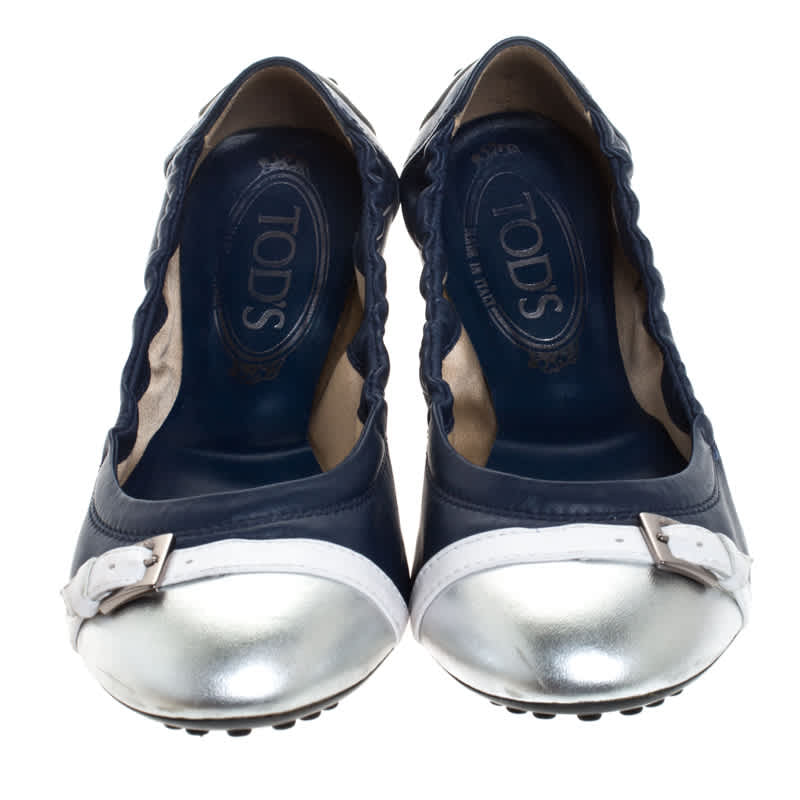 Tod's Blue/Silver Leather Cap Toe Scrunch Ballet Flats Size 36.5
