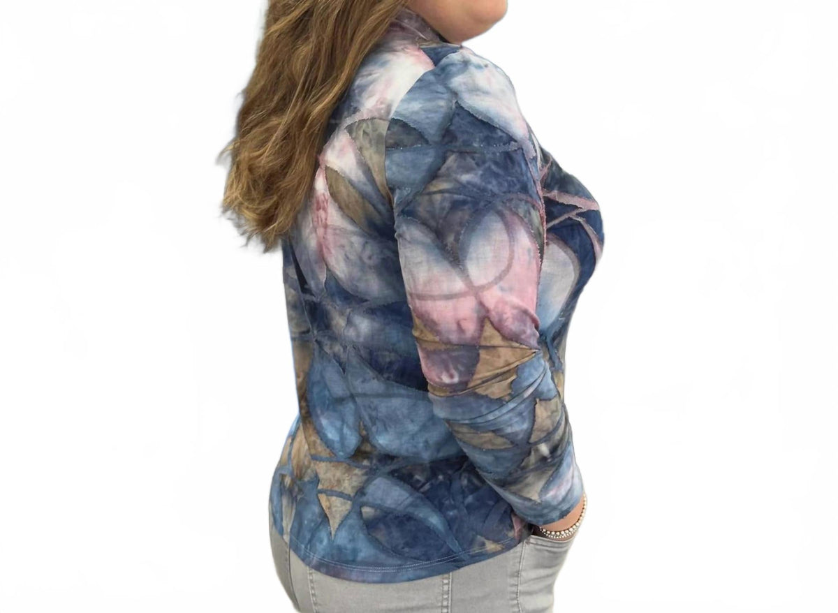 Printed Mock Neck Mesh Top In Blue