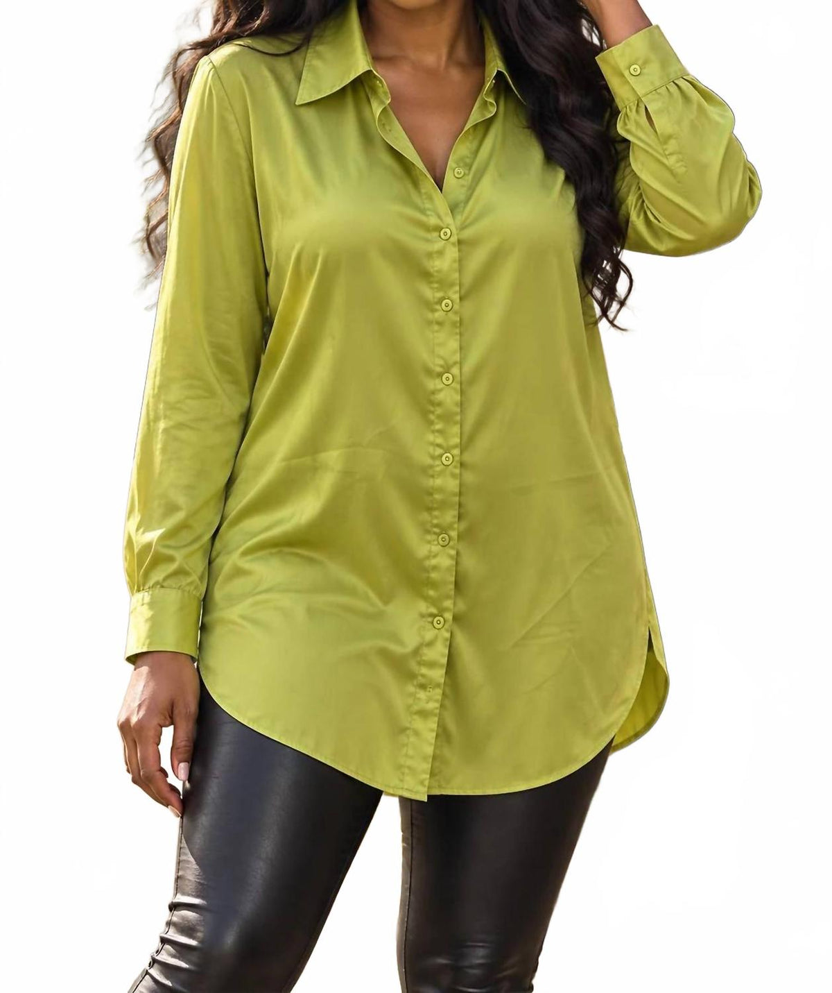 Women's Classic Satin Button Down Shirt In Lime