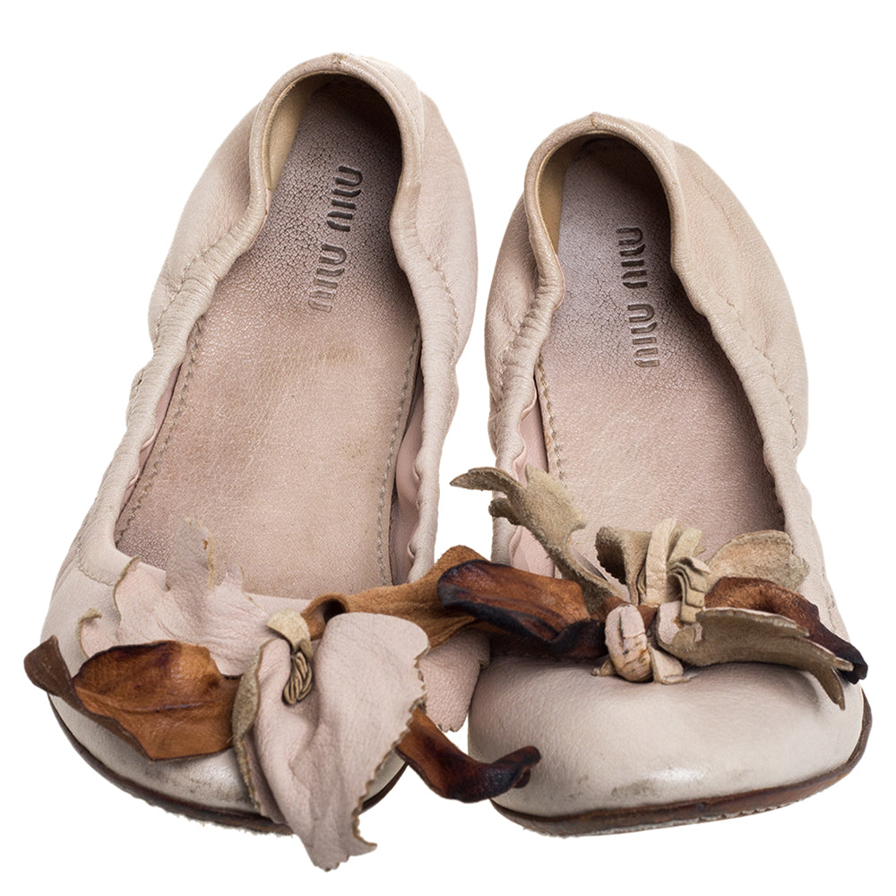 Miu Miu Beige Leather Embellished Flats Size 38