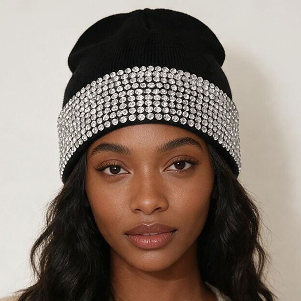 Rhinestone Embellished Knit Beanie Hat
