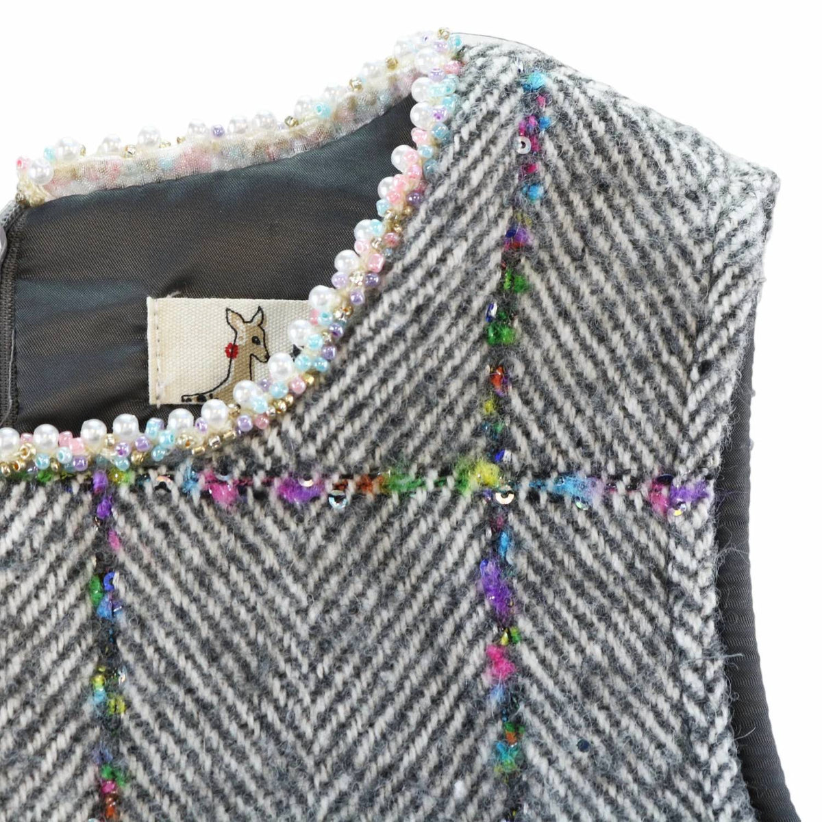 Girls Herringbone Wooly Dress In Grey