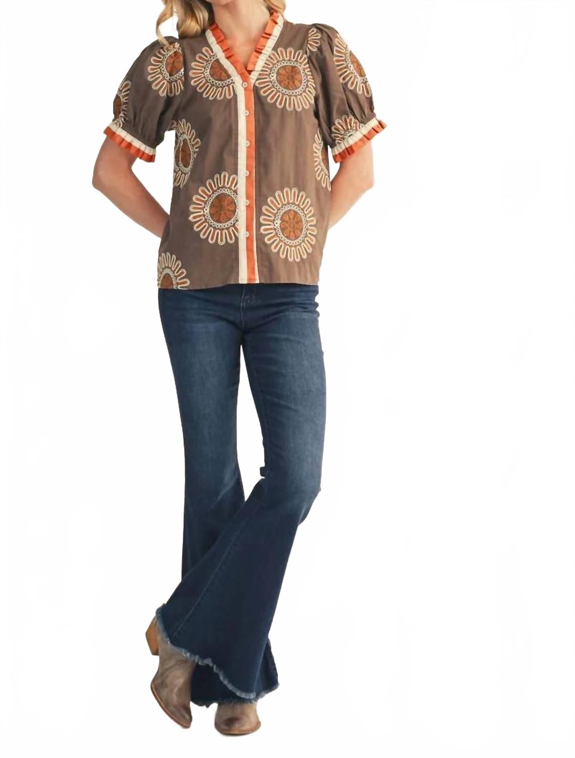Floral Puff Sleeve Button Down Blouse In Mocha