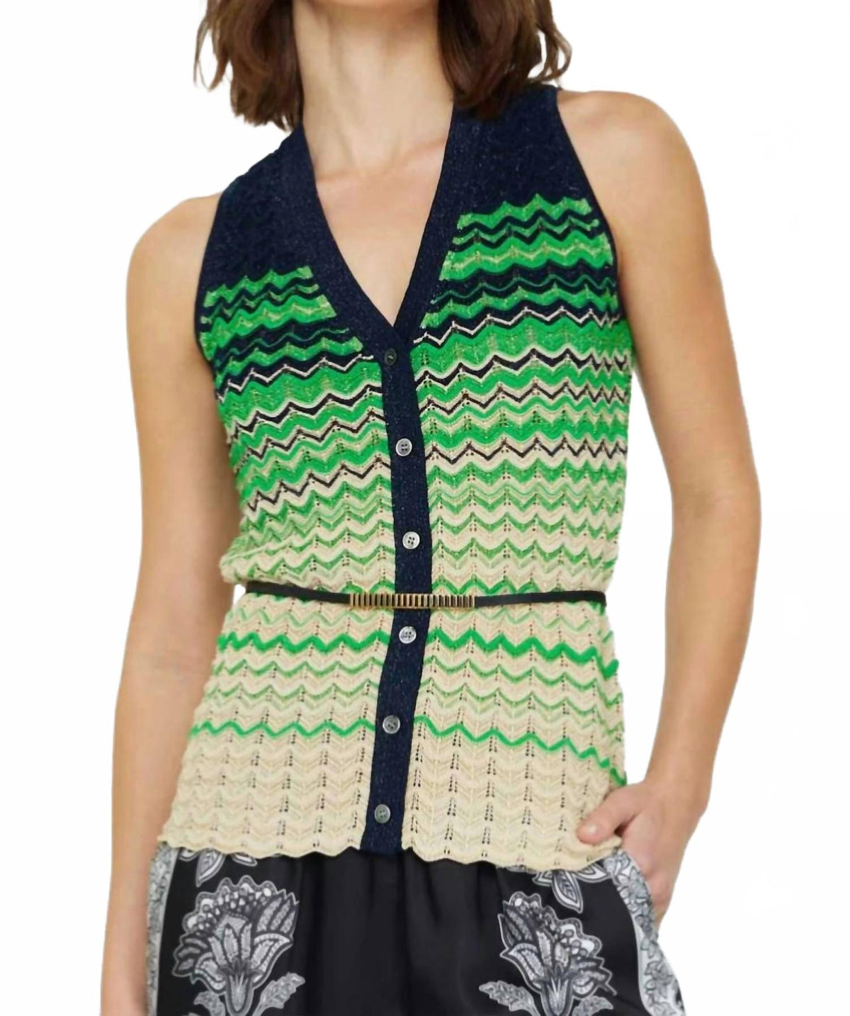 Chevron Knit Sweater Vest In Navy Green