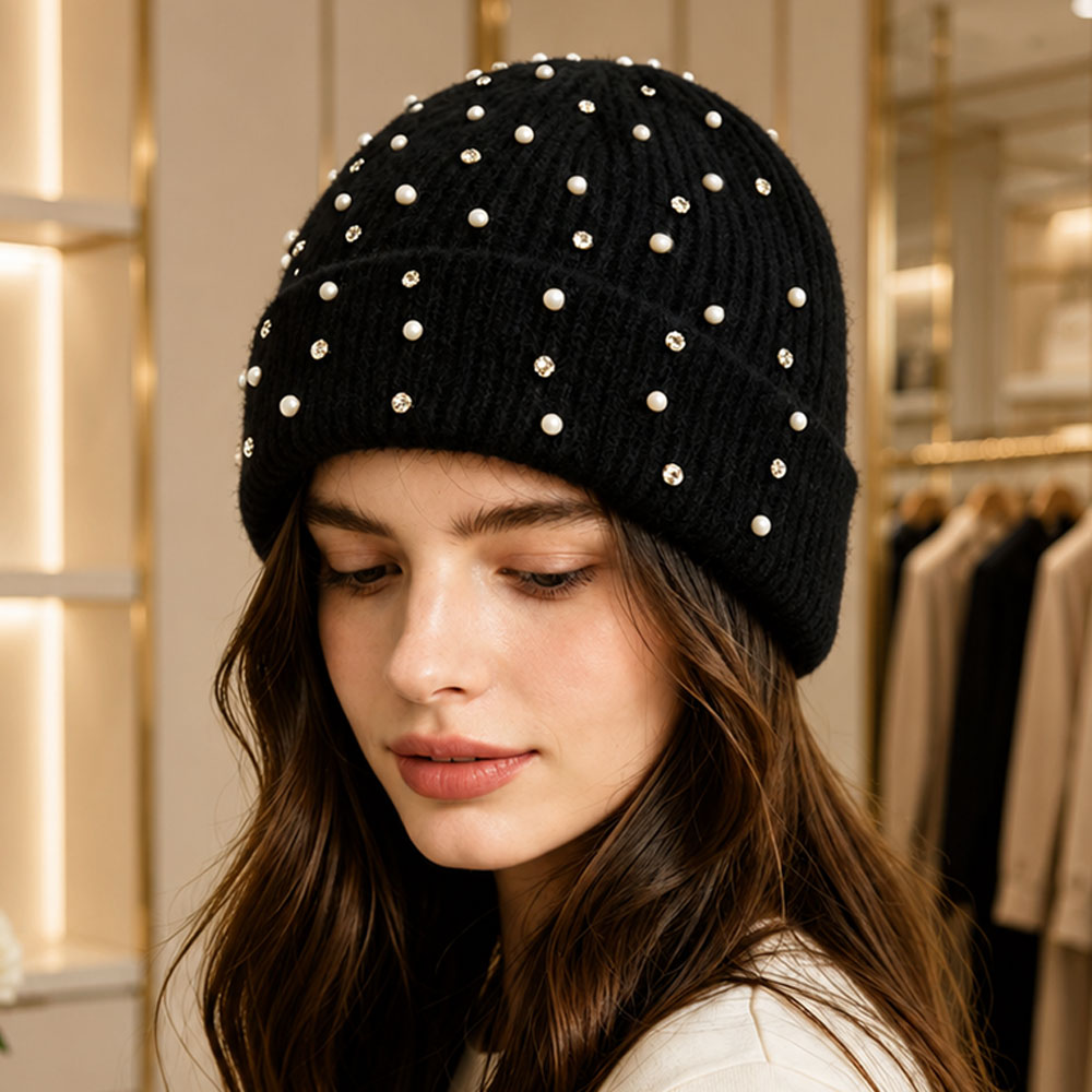 Pearl Rhinestone Embellished Ribbed Knit Winter Beanie Hat
