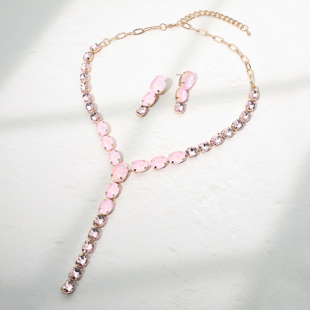 Faceted Oval Gem Link Y Drop Statement Necklace