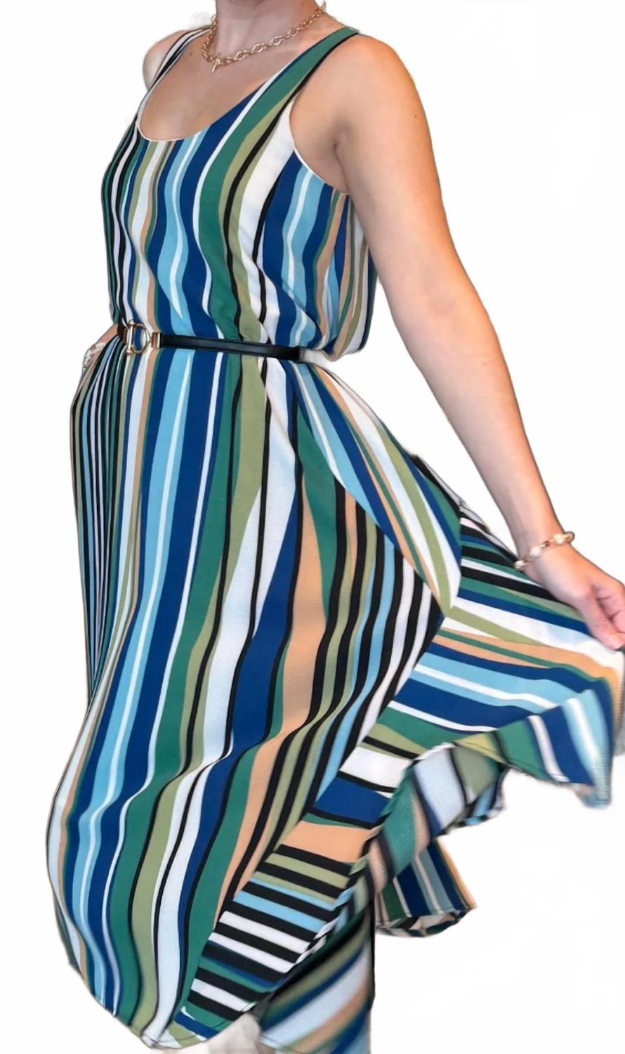 Sleeveless Stripe Dress With Pockets In Blue/green