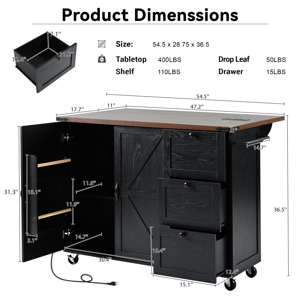 Farmhouse Kitchen Prep Island with Power Outlet and Convenient Spice Storage