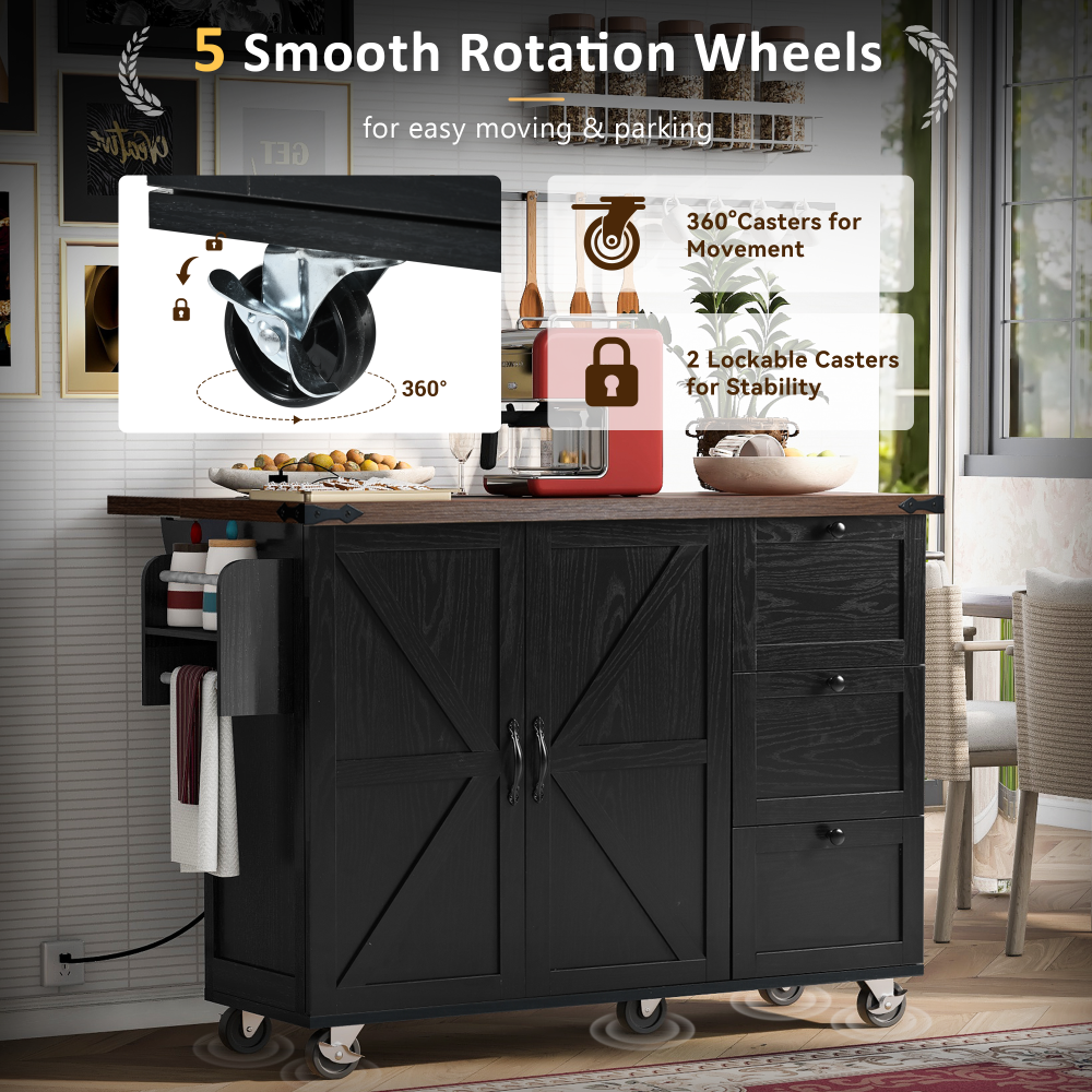 Farmhouse Kitchen Prep Island with Power Outlet and Convenient Spice Storage