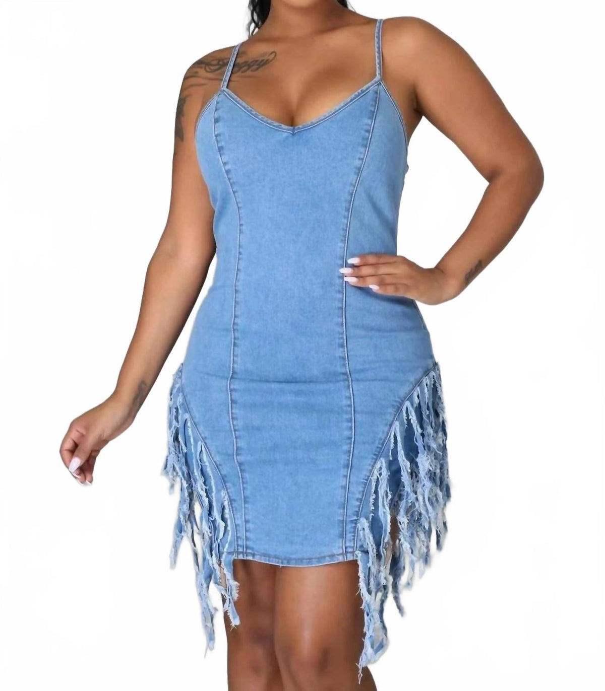 Dare To Bare Fringe Denim Mini Dress In Blue
