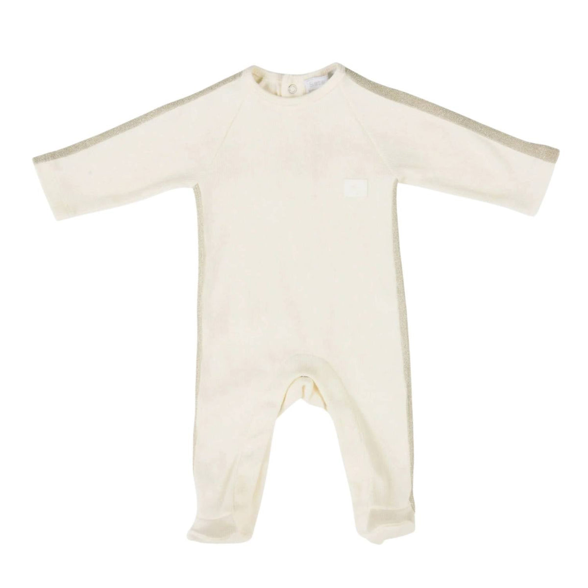 Baby Girls Glitter Ribbon Sleeve Ribbed Jersey Footies In Ivory With Silver