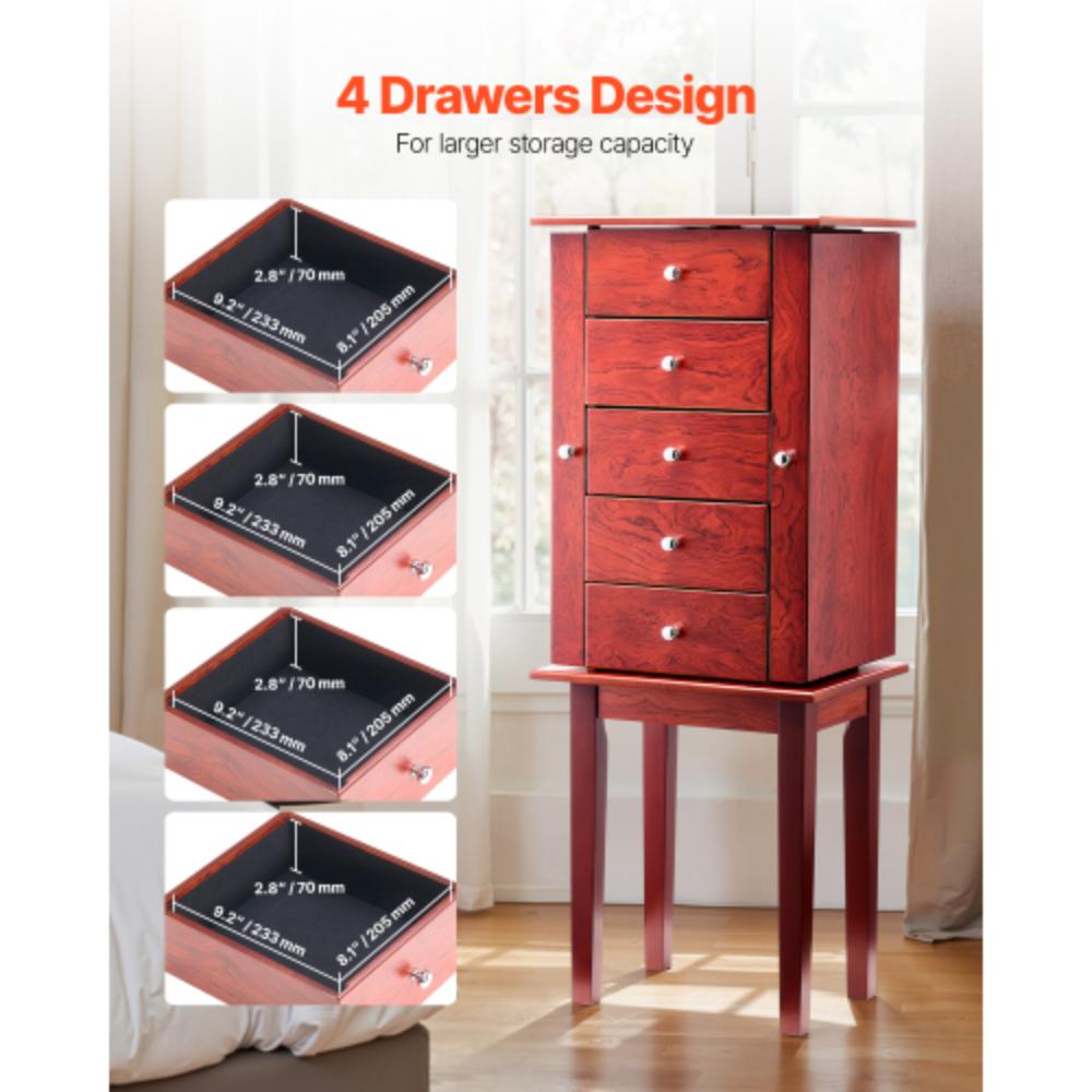Freestanding Jewelry Armoire with Mirror and Four Drawers