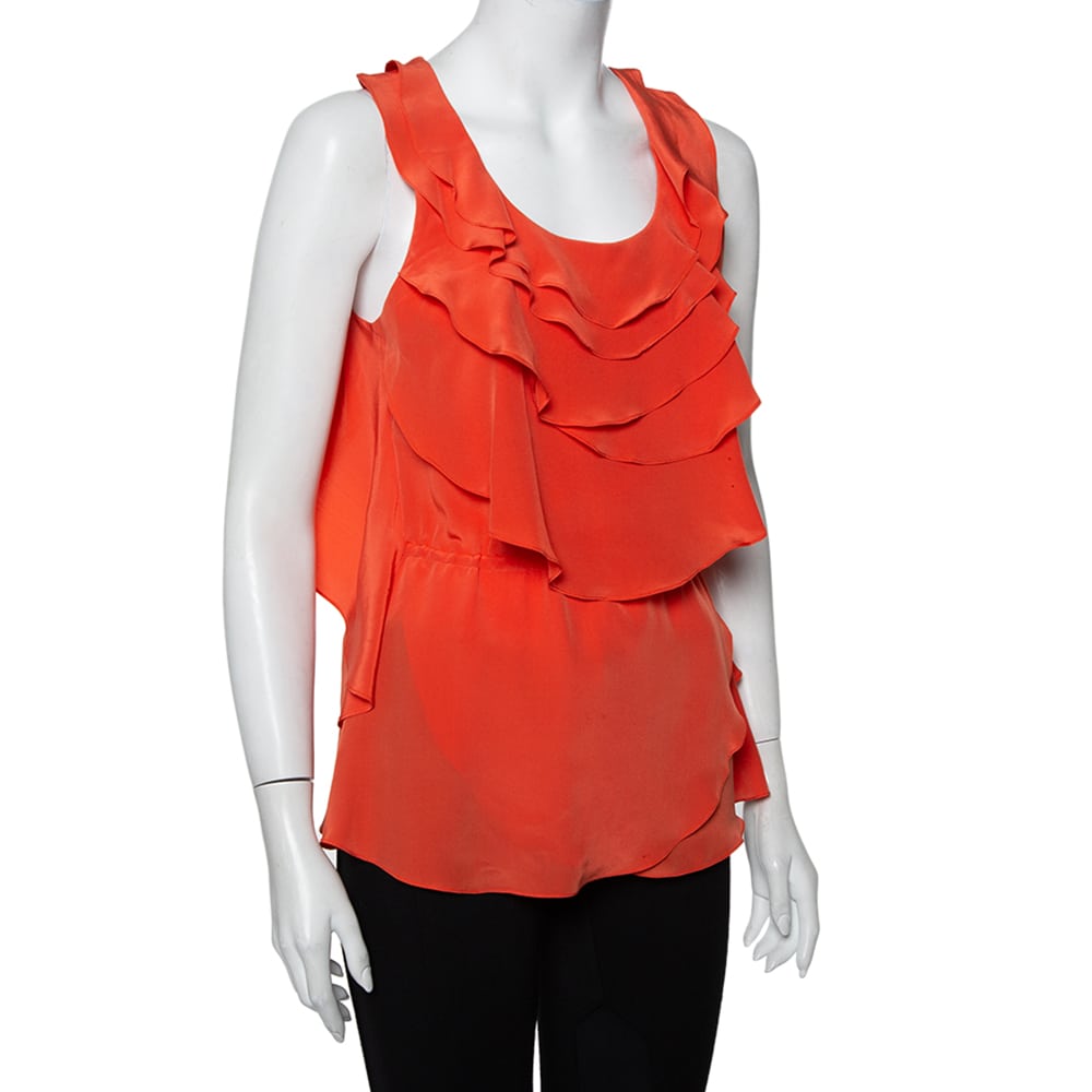 Oscar de la Renta Orange Ruffled Silk Sleeveless Top S