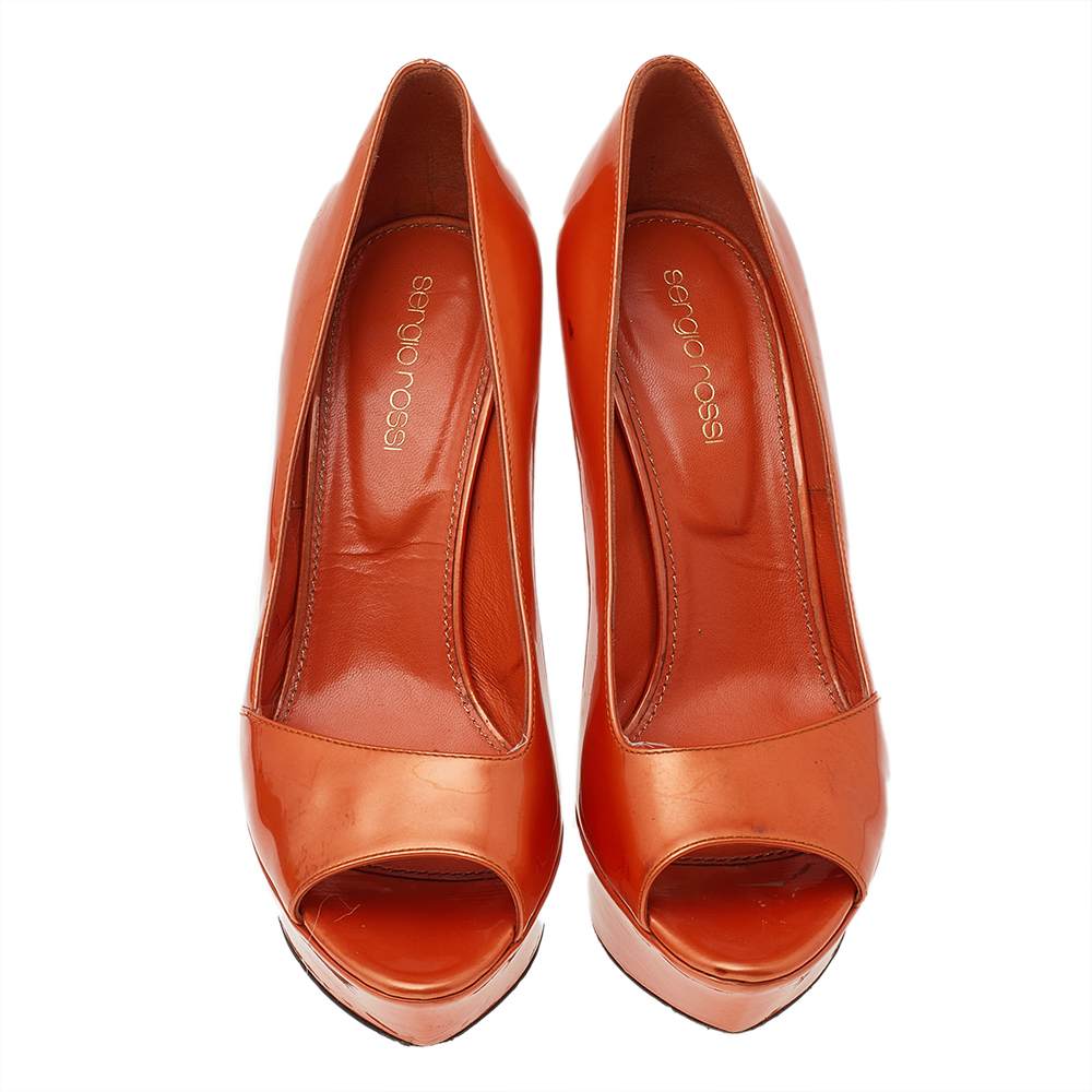 Sergio Rossi Orange Patent Leather Peep Toe Platform Pumps Size 36.5