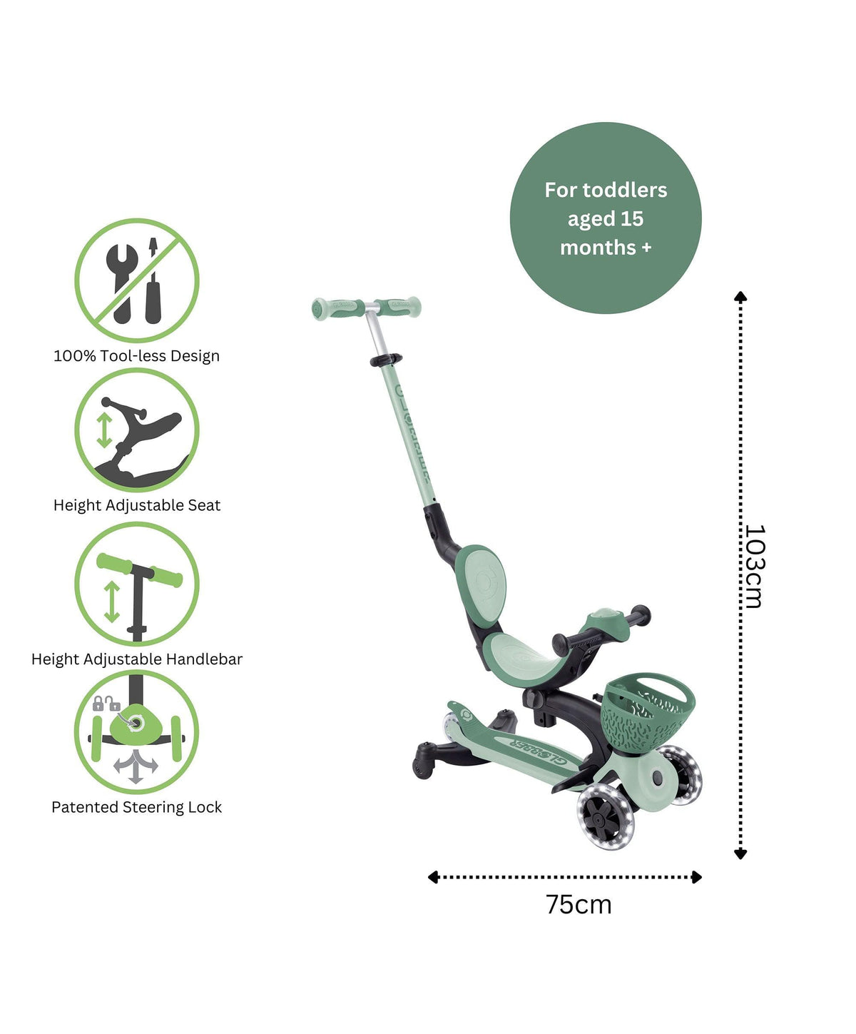 Globber Go Up Baby 360 Lights Scooter – Sage