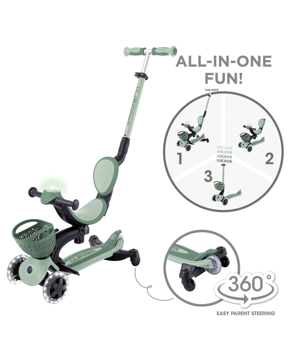 Globber Go Up Baby 360 Lights Scooter – Sage
