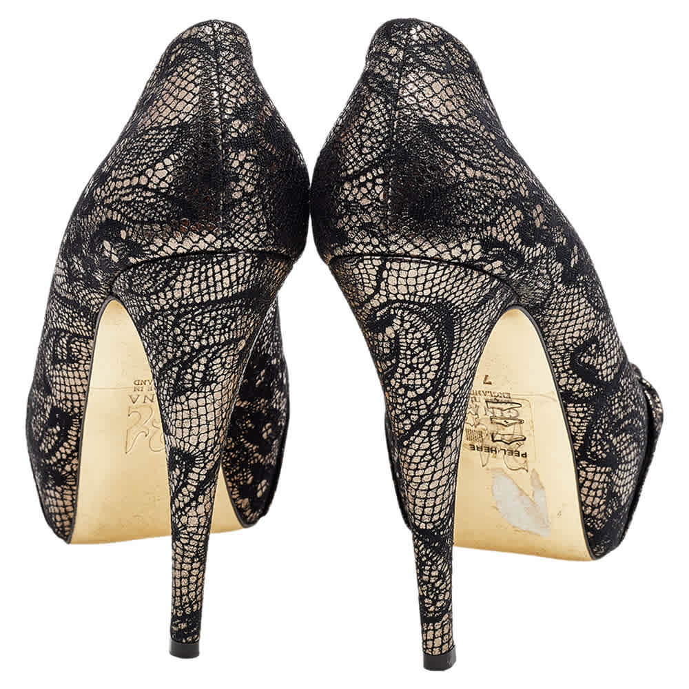 Gina Black/Gold Lace and Leather Platform Pumps Size 40