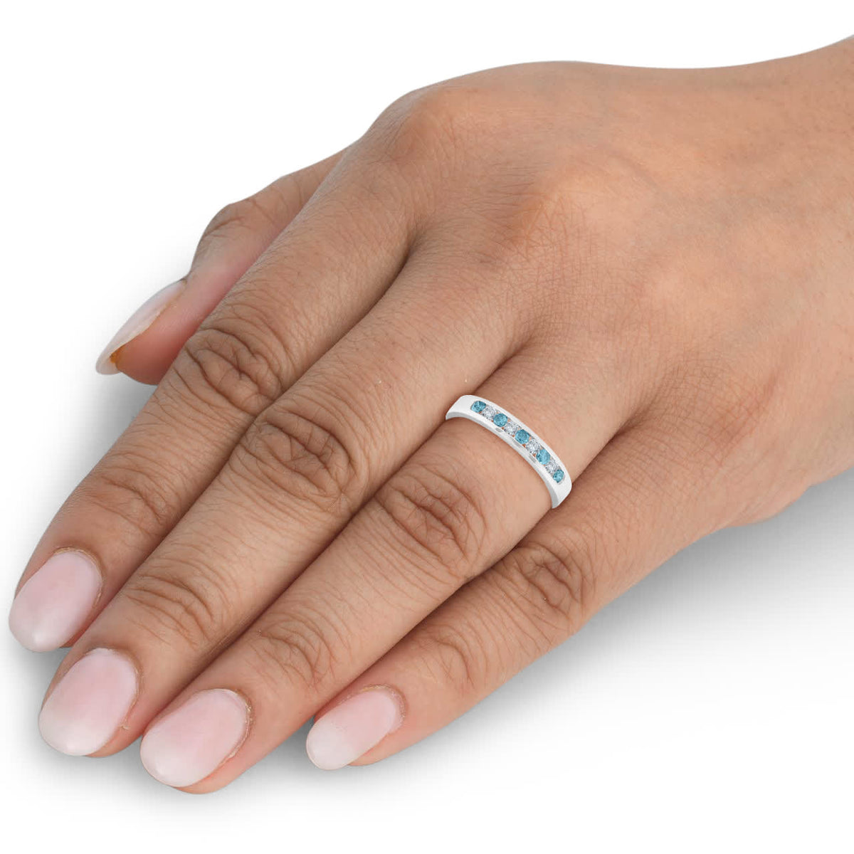 1/4ct Blue & White Diamond Wedding Ring 14K White Gold Size Selectable