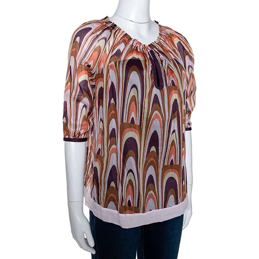 M Missoni Multicolor Printed Cotton Ruched Neckline Blouse M