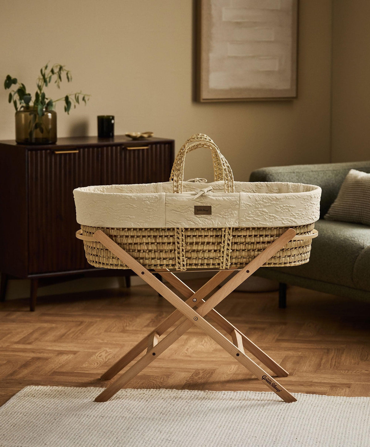 Little Green Sheep Furrow Knit Moses Basket & Mattress - Linen