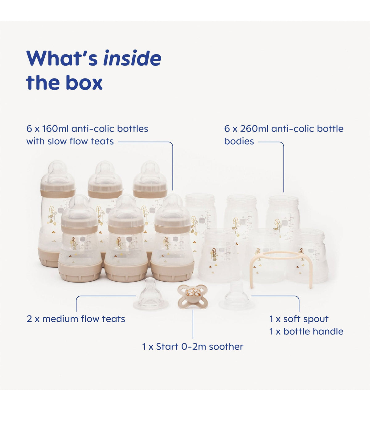 MAM Baby Easy Start Anti-Colic Self Sterilising Newborn Bottles 17 Piece Set with Free Bottle Brush - Matt Taupe