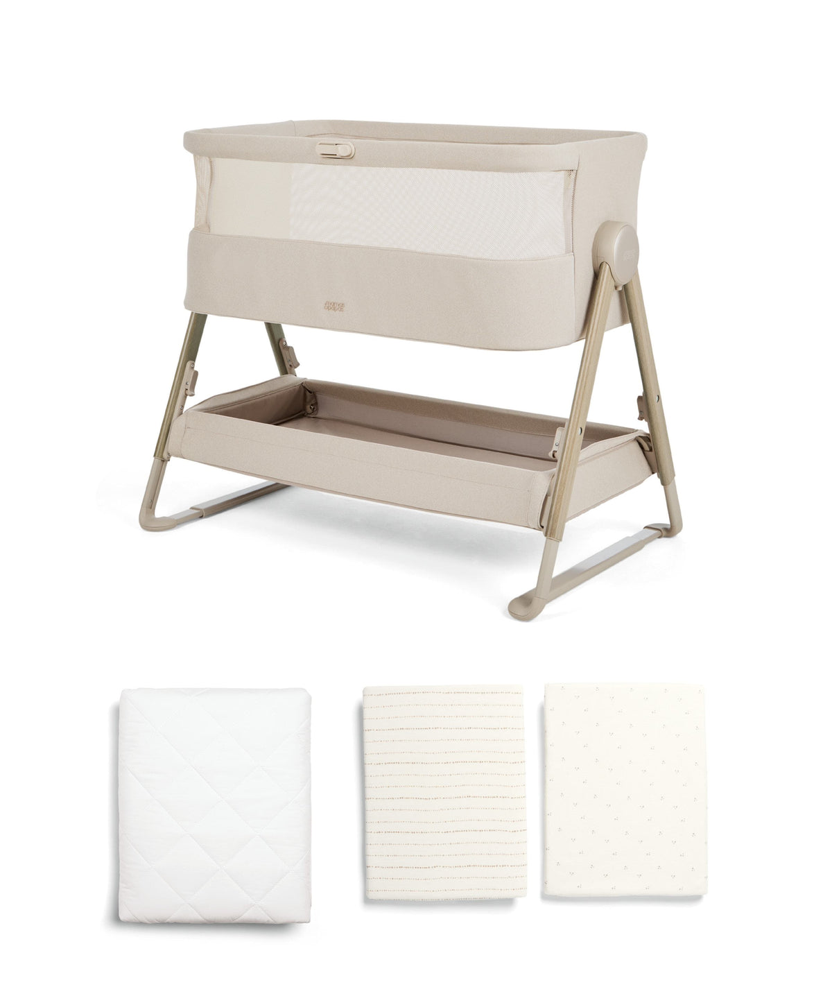 Lua 2 Bedside Crib Bundle with Oat Sheets & Mattress Protector - Sand