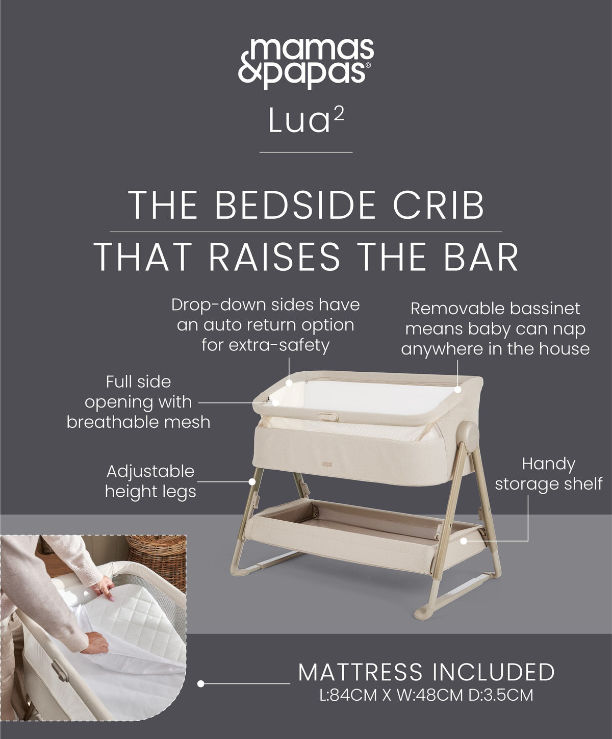 Lua 2 Bedside Crib Bundle with White Sheets & Mattress Protector - Sand