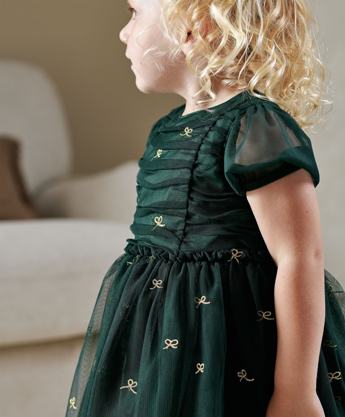 Green Bow Mesh Embroidery Dress