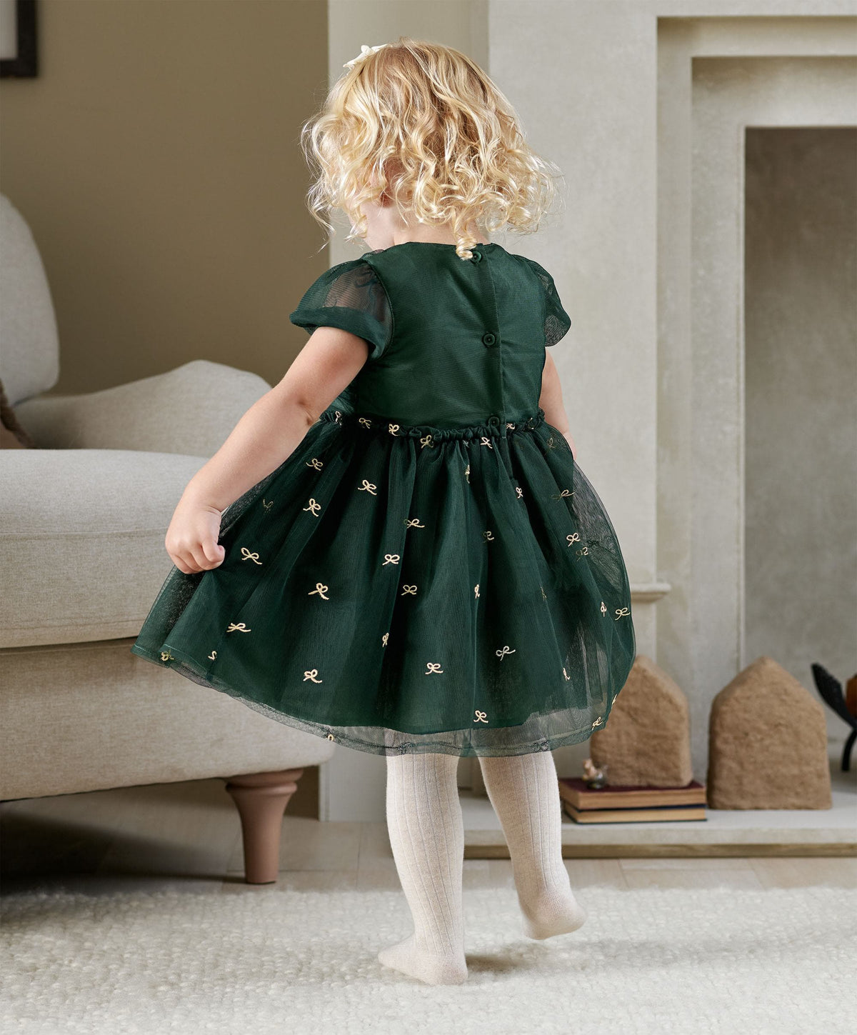 Green Bow Mesh Embroidery Dress