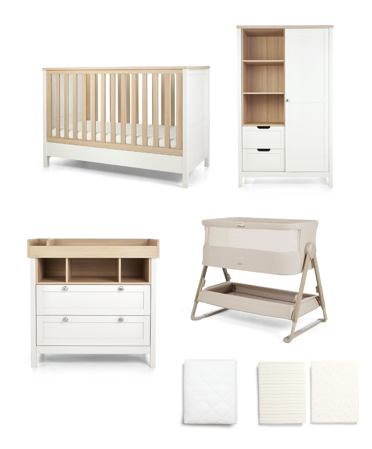 Harwell Nursery Bundle with Lua 2 Bedside Crib (6 Piece) – Sand/White