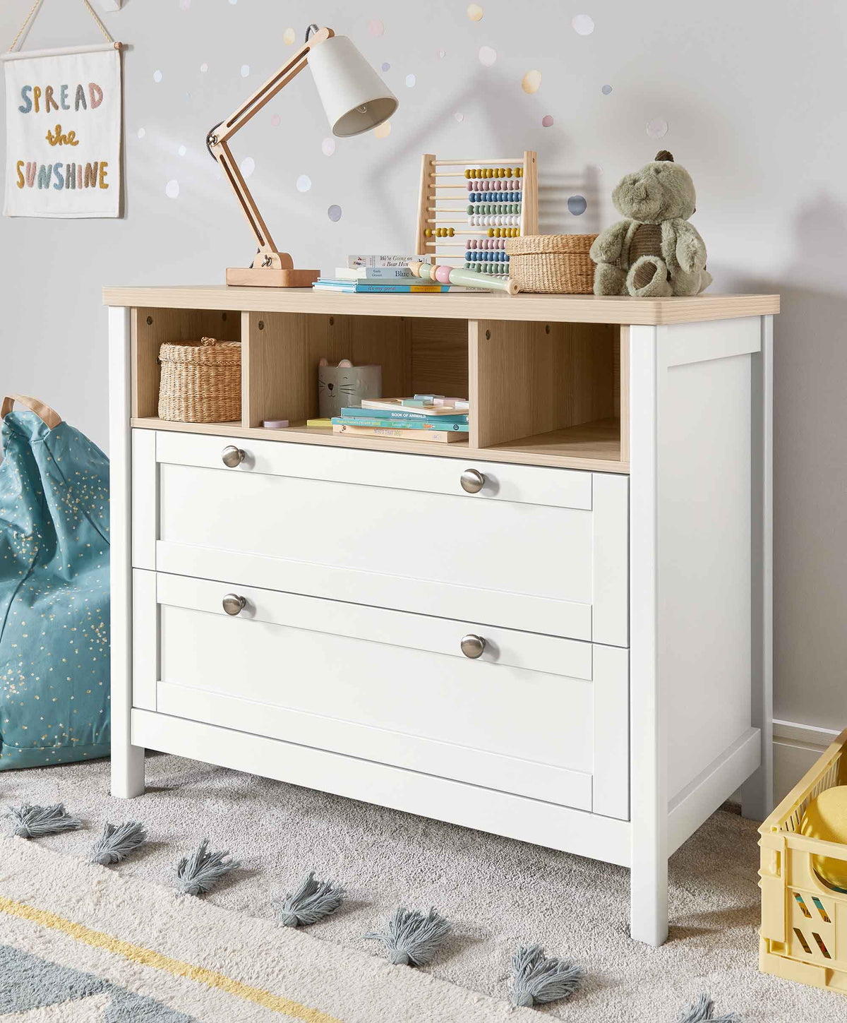 Harwell Nursery Bundle with Lua 2 Bedside Crib (6 Piece) – Sand/White
