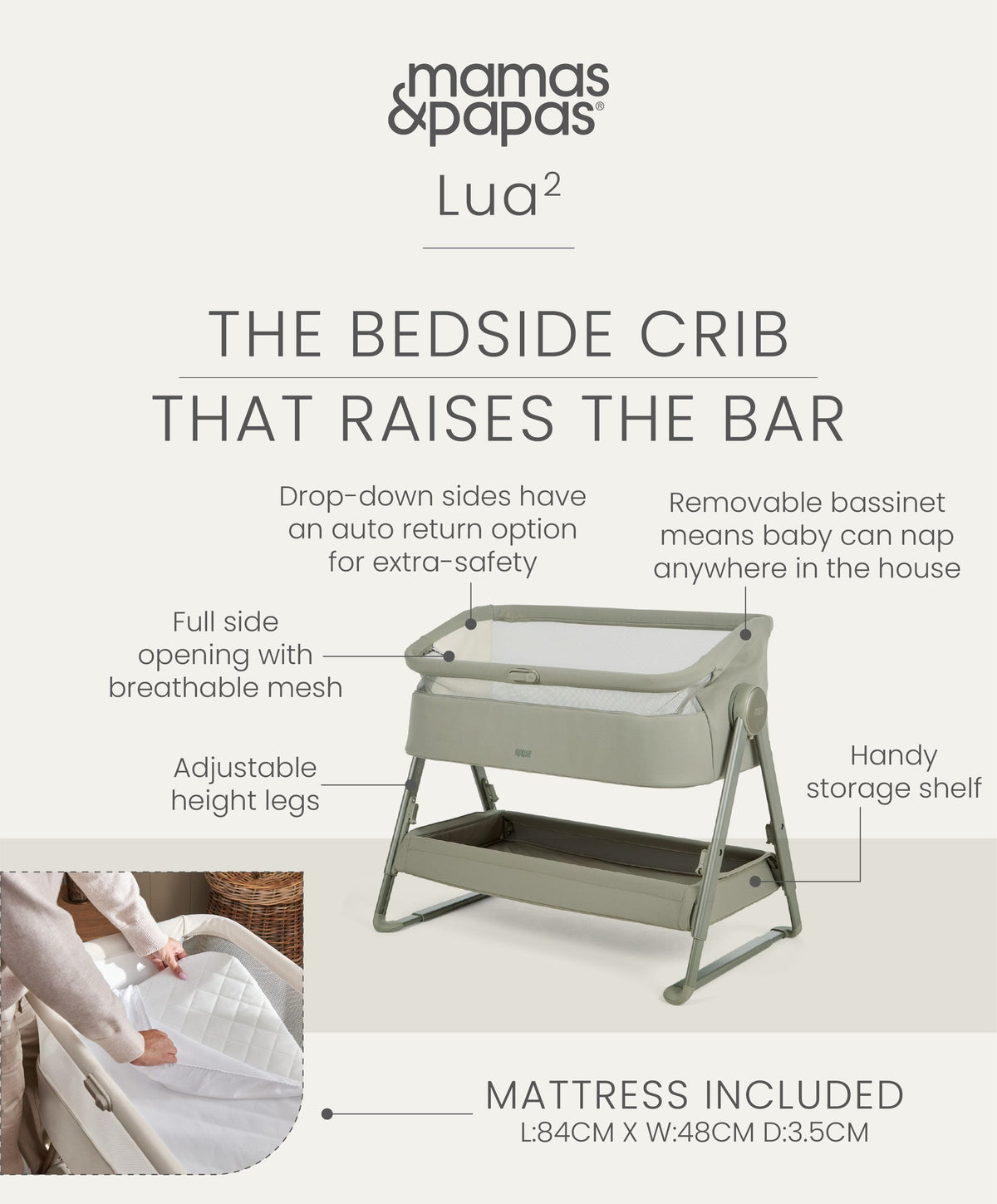 Harwell Nursery Bundle with Lua 2 Bedside Crib (6 Piece) - Thyme/Cashmere