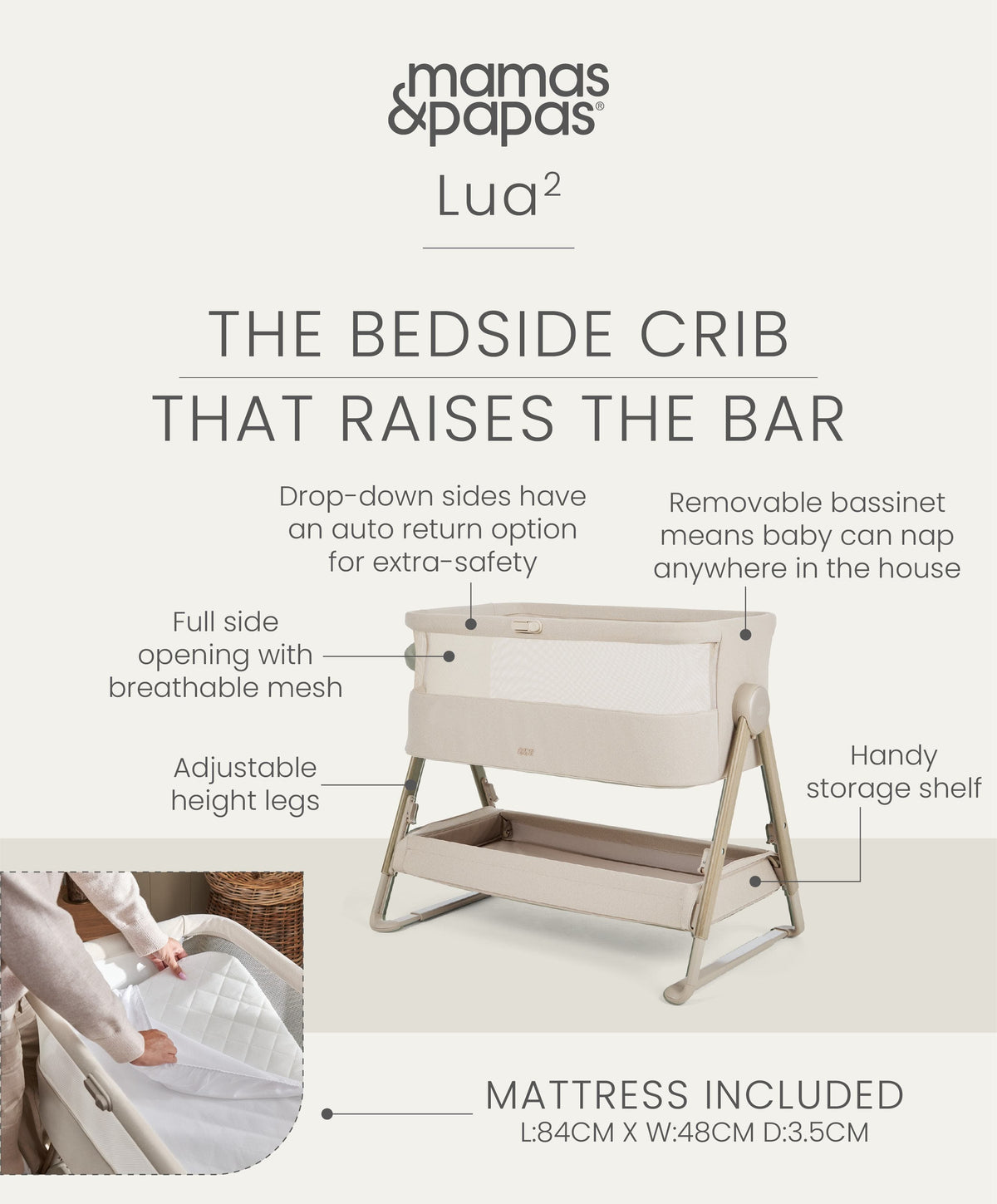Harwell Nursery Bundle with Lua 2 Bedside Crib (6 Piece) – Thyme/White