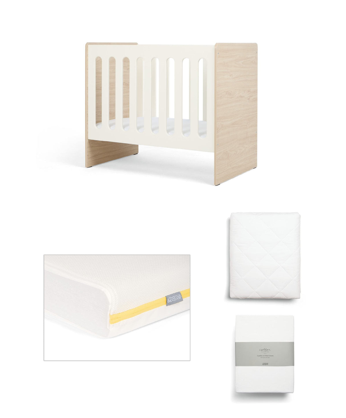 Vyne Mini Cot with Signature Airflow Fibre Mini Cot Mattress & Sheets (4 Piece) - White/Oak