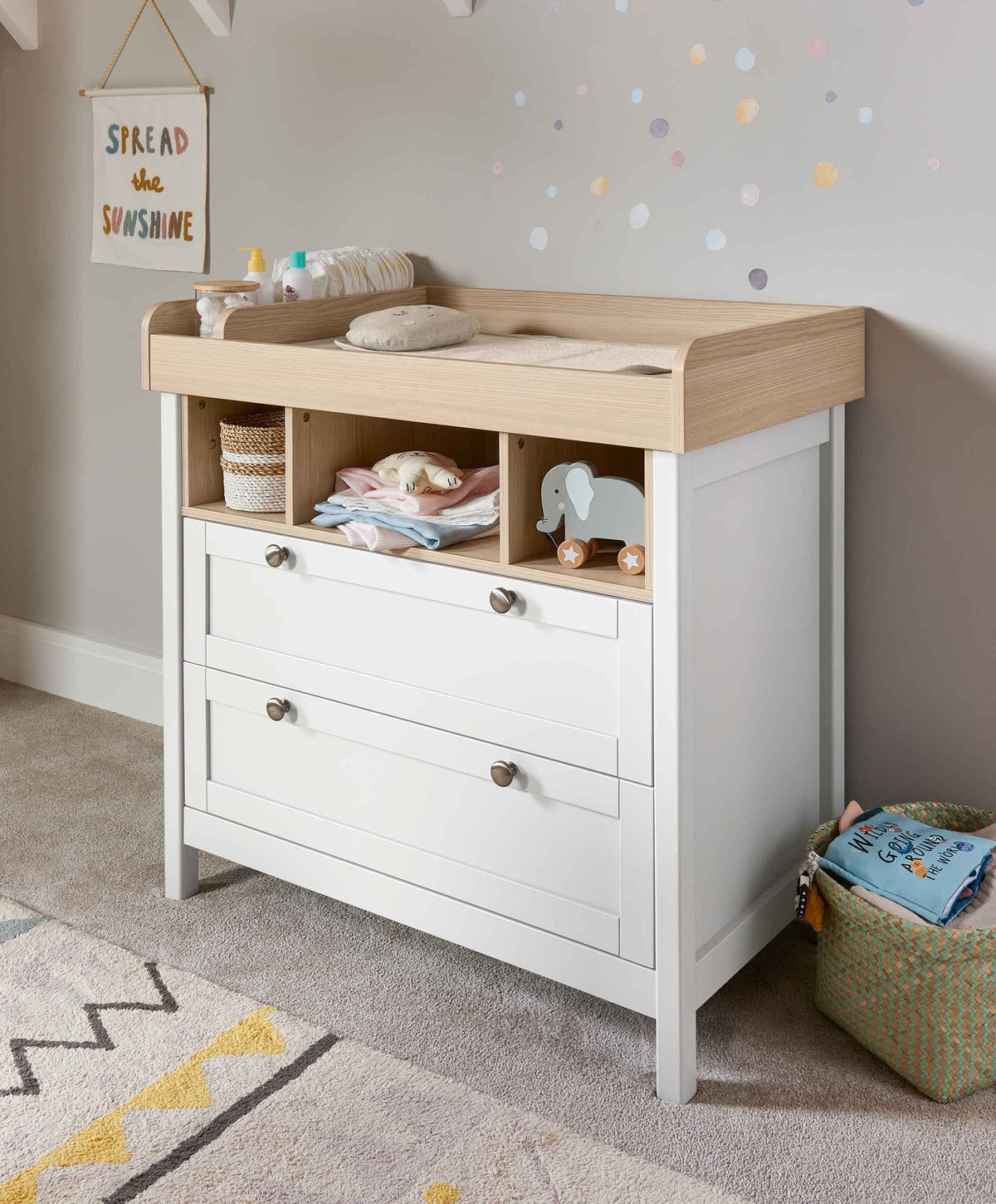 Harwell Nursery Bundle with Lua 2 Bedside Crib (6 Piece) – Mocha/White