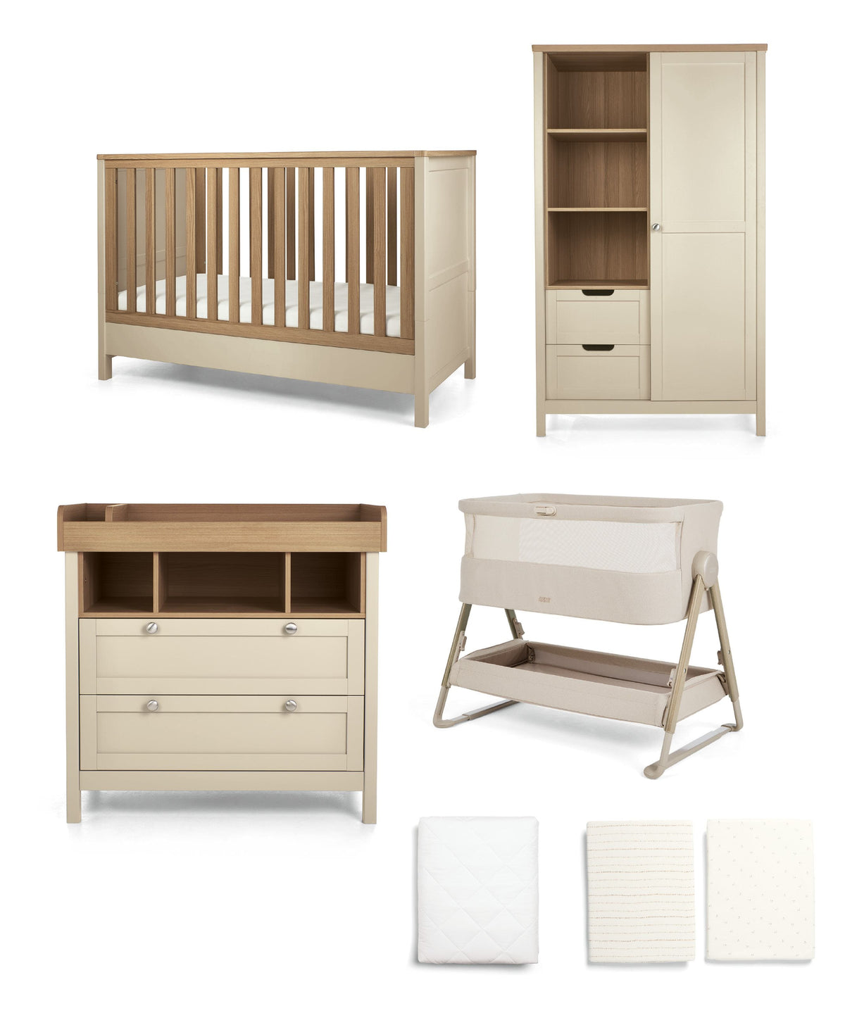 Harwell Nursery Bundle with Lua 2 Bedside Crib (6 Piece) – Sand/Cashmere