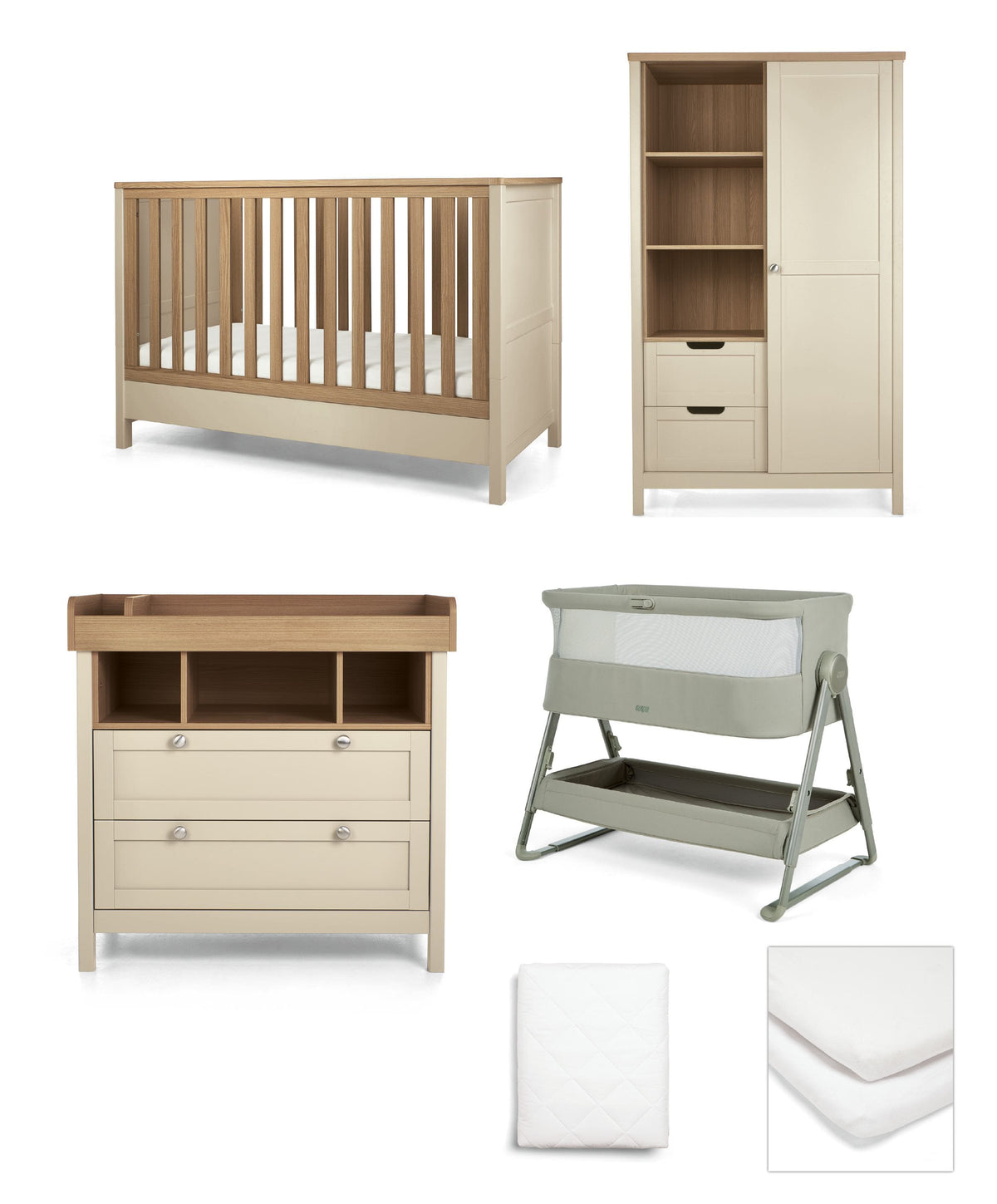 Harwell Nursery Bundle with Lua 2 Bedside Crib (6 Piece) - Thyme/Cashmere