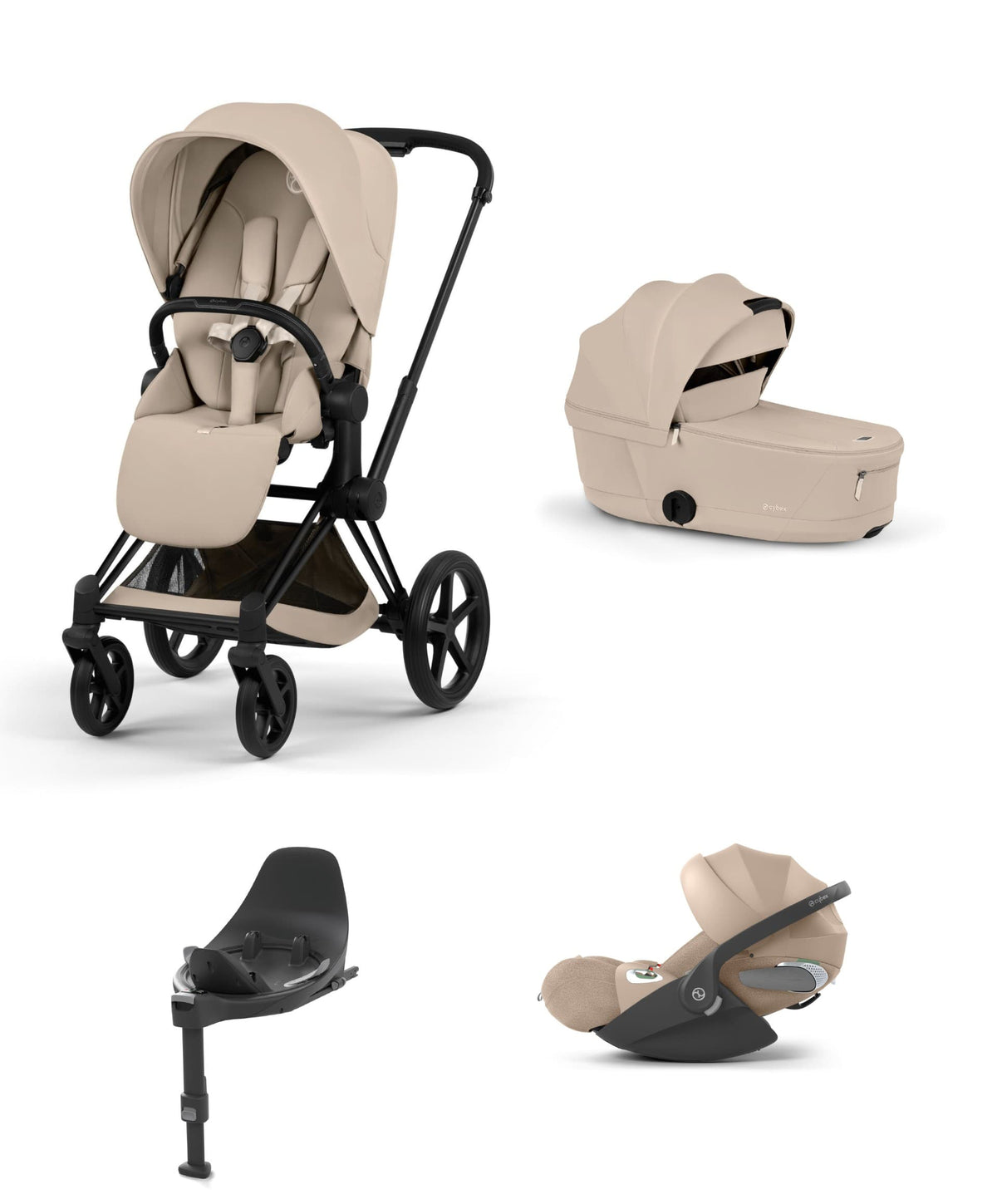 Cybex Priam Pushchair & Carry Cot Bundle With Cybex Cloud T Plus Car Seat & Base - Cozy Beige