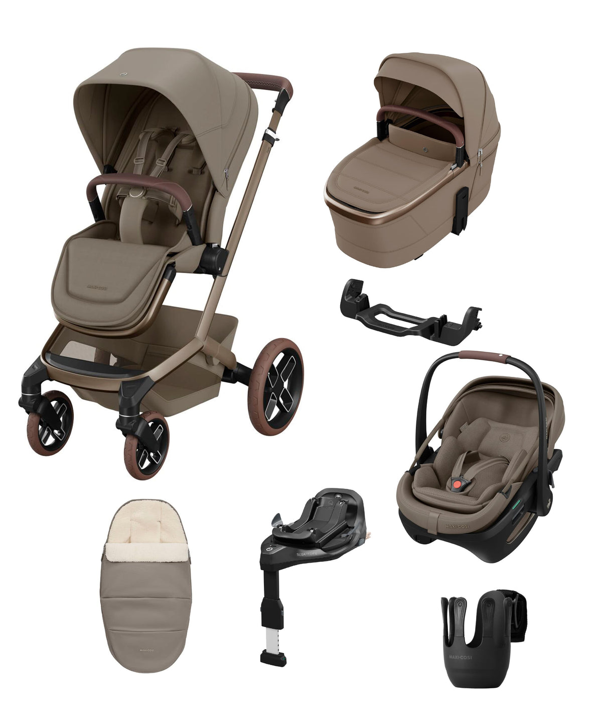 Maxi-Cosi Fame Pushchair & Carrycot with Coral Slide Pro Car Seat - Oak Truffle
