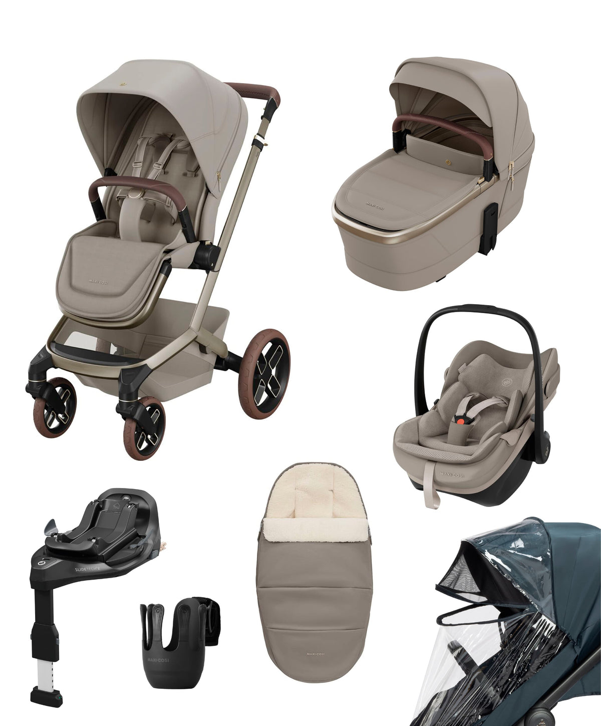 Maxi-Cosi Fame Ultimate Pushchair Bundle with Pebble Slide Pro Car Seat & Base (7 Pieces) - Sapphire Sand