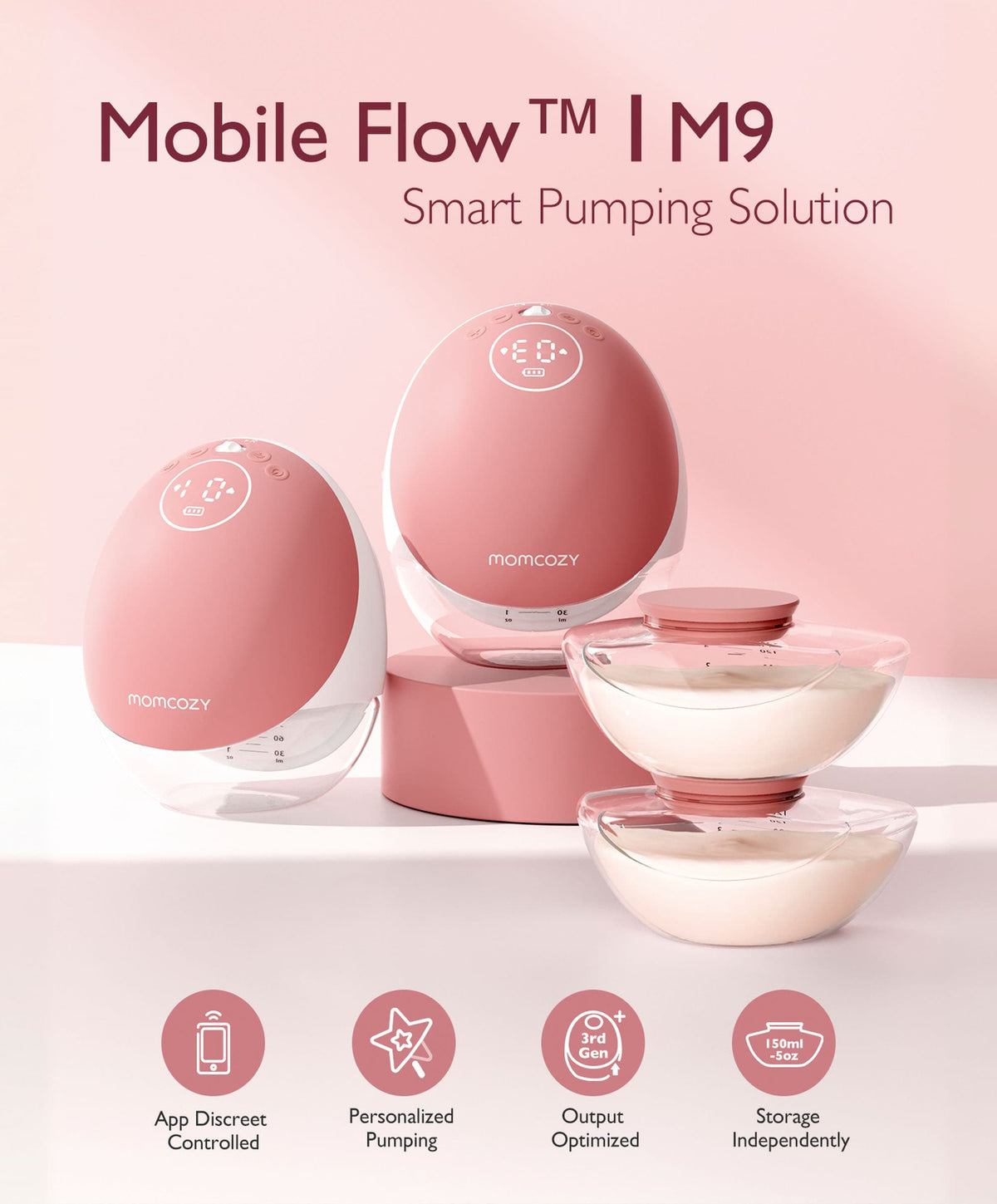 Momcozy M9 Single Breast Pump - White/Pink
