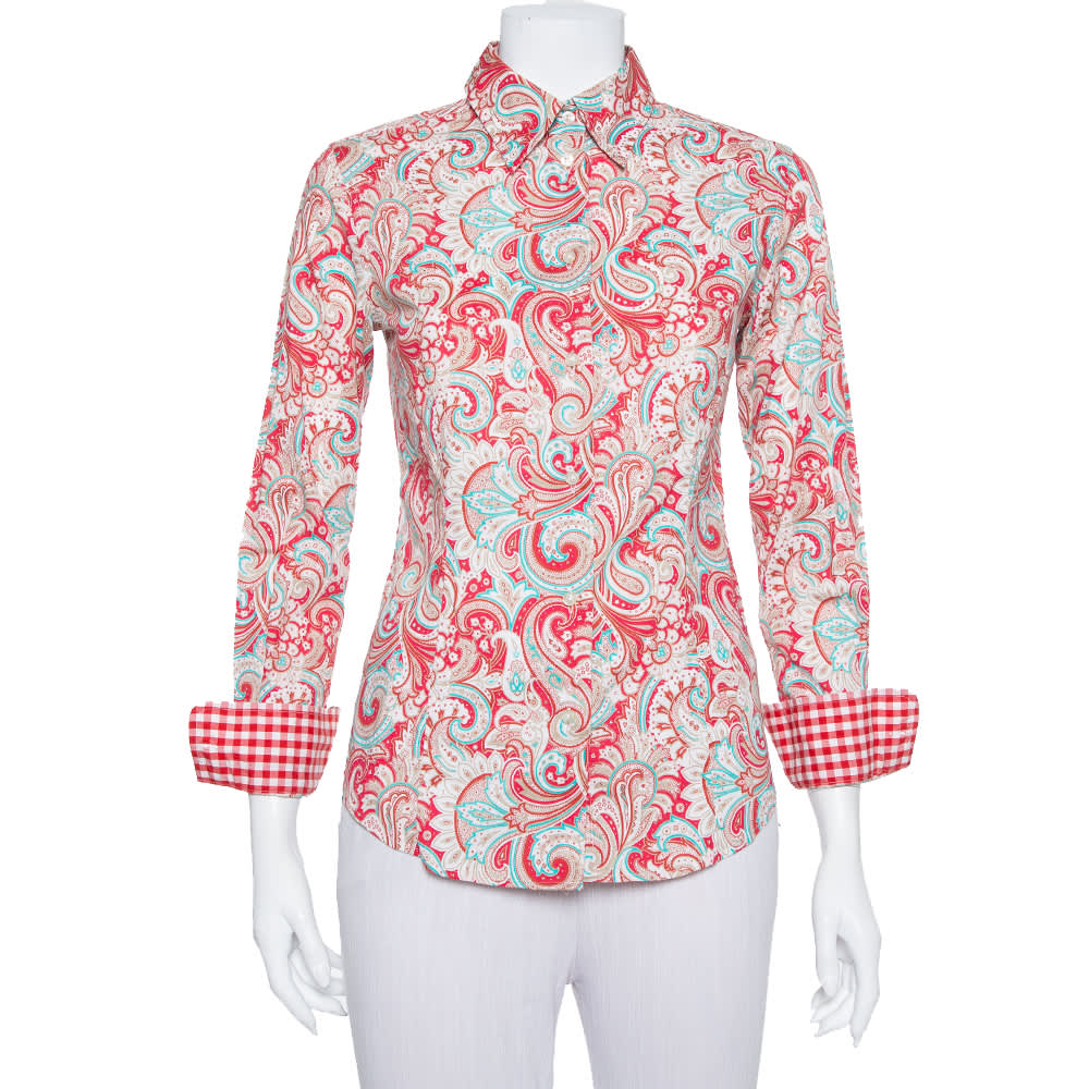 Etro Red Paisley Printed Stretch Cotton Button Front Shirt S