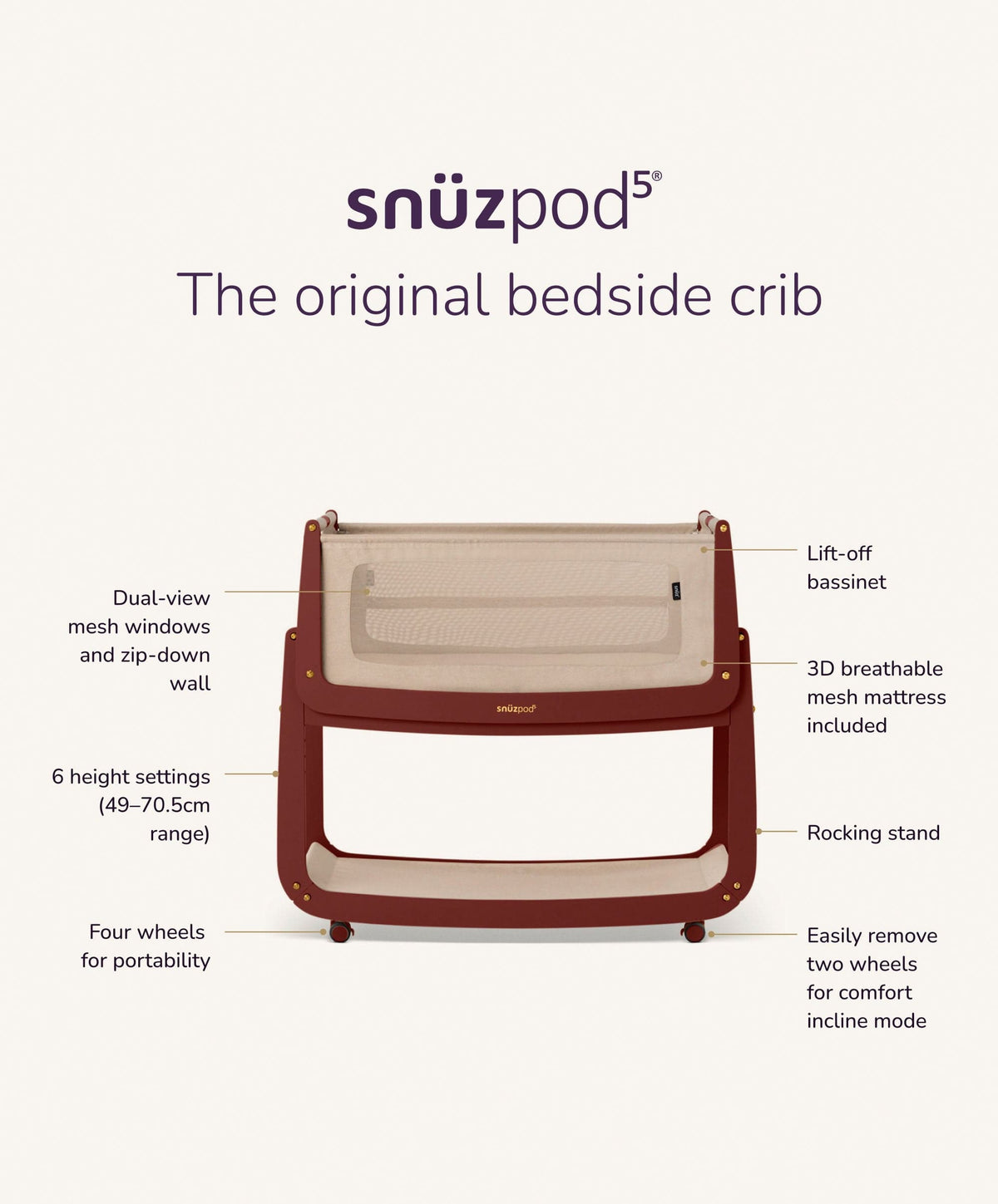 SnuzPod 5 Bedside Crib - Rouge