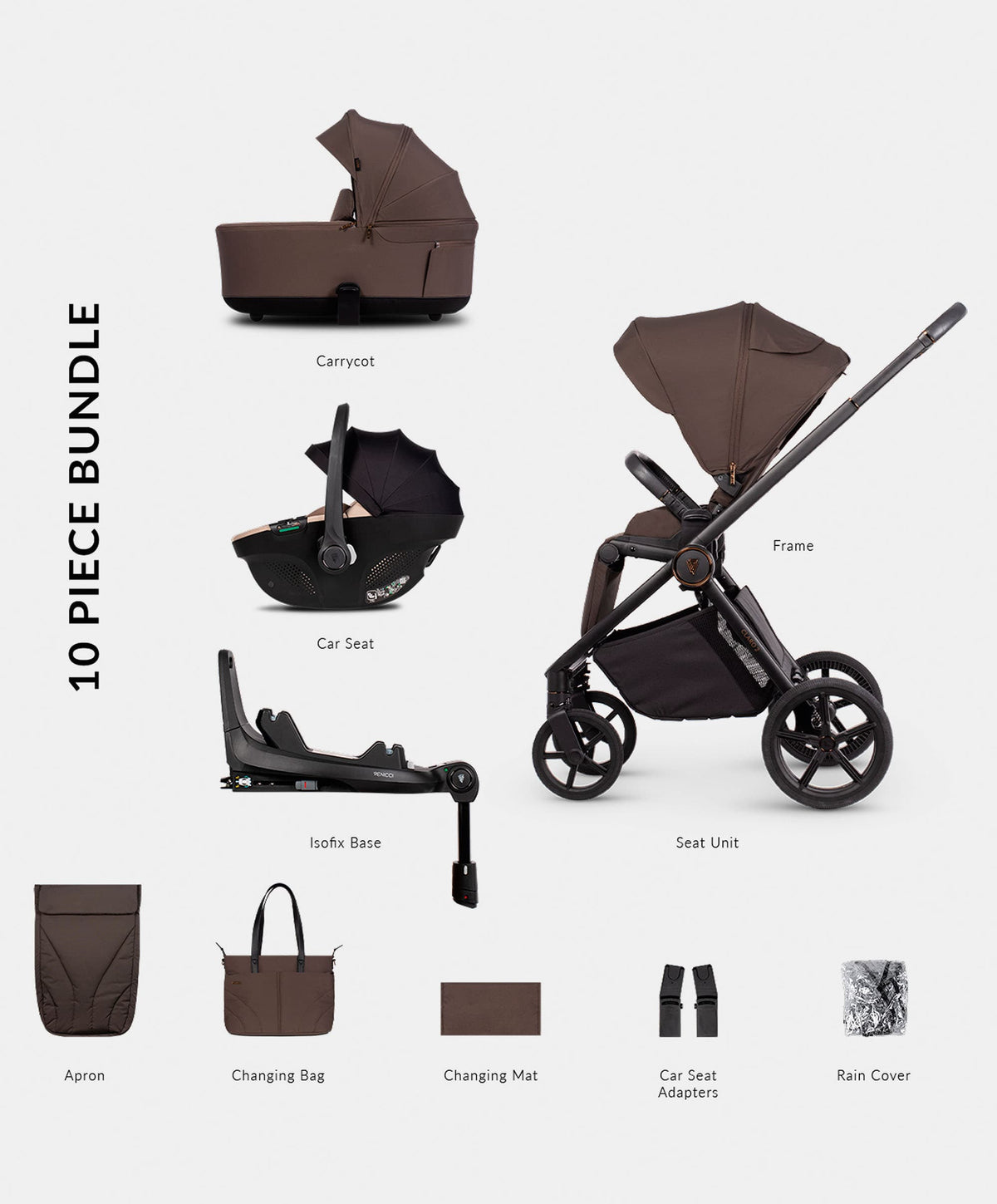 Venicci Claro2 4in1 Luxury Pushchair Bundle Tiago 2 Car Seat (10 pieces) - Chocolate