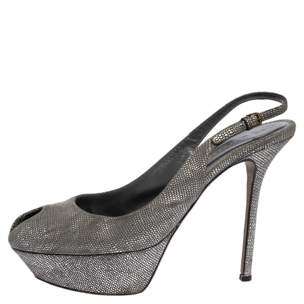 Sergio Rossi Grey/Silver Suede Cachet Peep Toe Platform Slingback Sandals Size 37.5