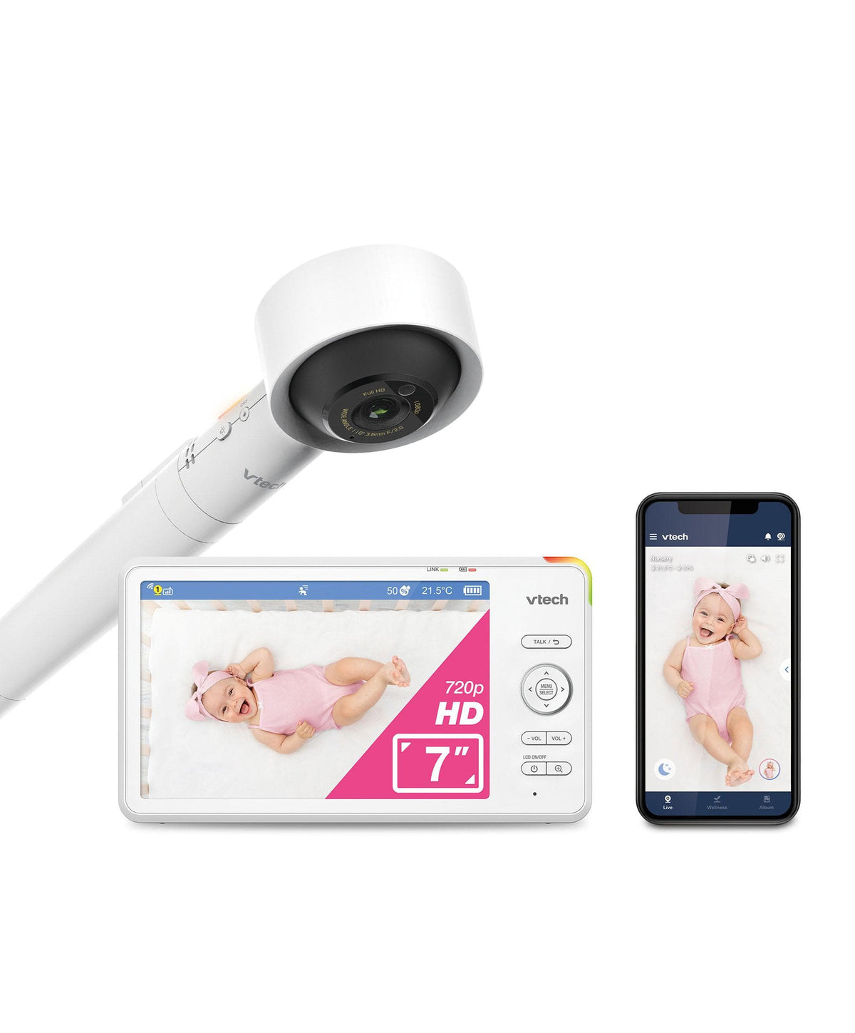 VTech RM7787HD 7inch Over-The-Cot Smart Monitor & VTech ClearView Universal O-T-C Camera Floor Stand - White