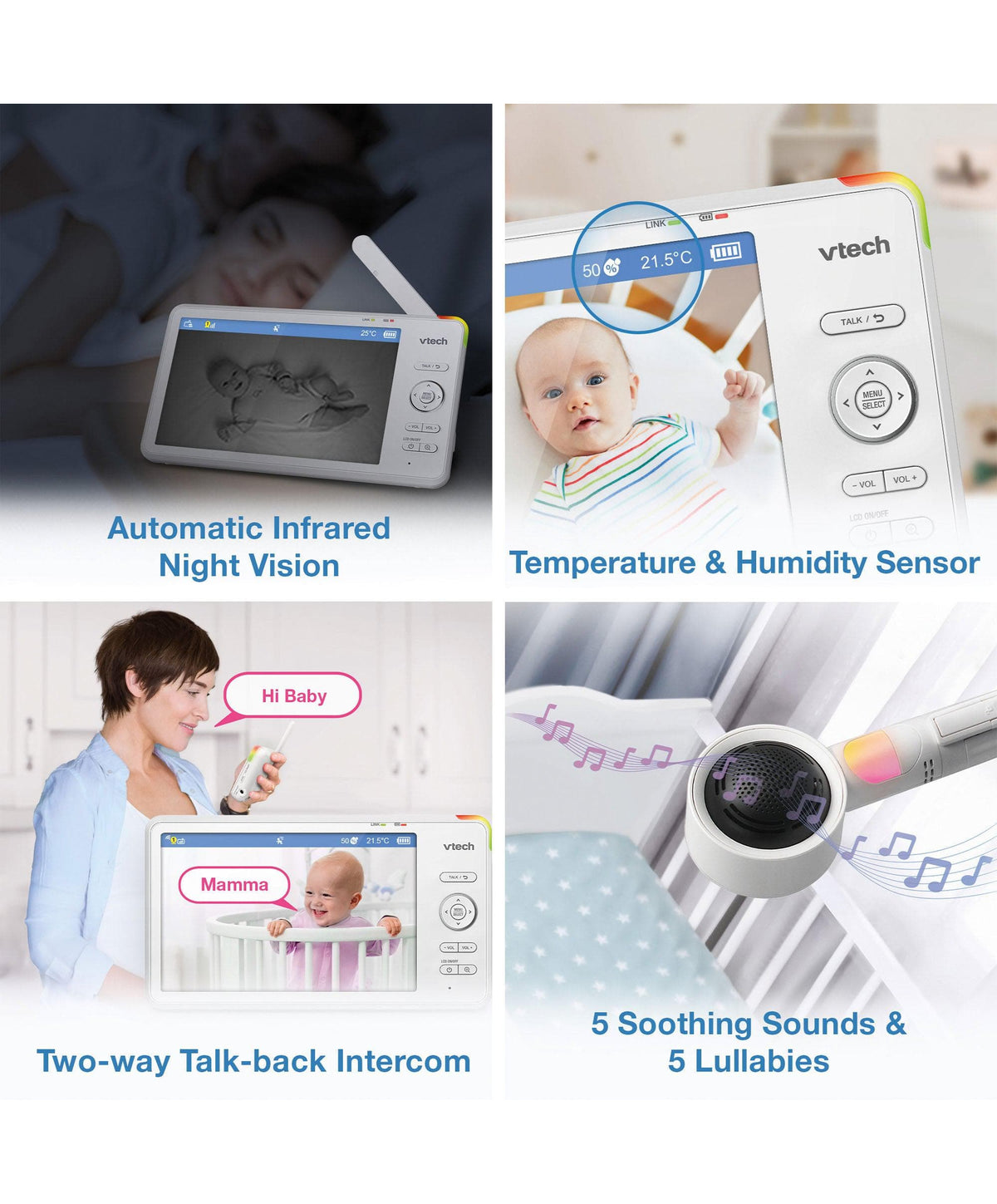 VTech RM7787HD 7inch Over-The-Cot Smart Monitor & VTech ClearView Universal O-T-C Camera Floor Stand - White