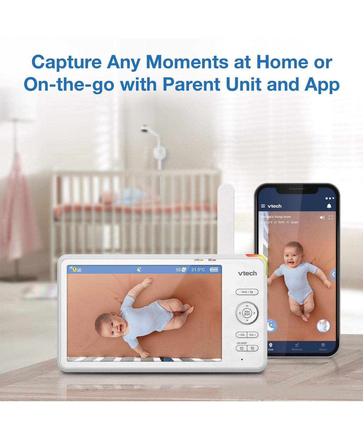 VTech RM7787HD 7inch Over-The-Cot Smart Monitor & VTech ClearView Universal O-T-C Camera Floor Stand - White